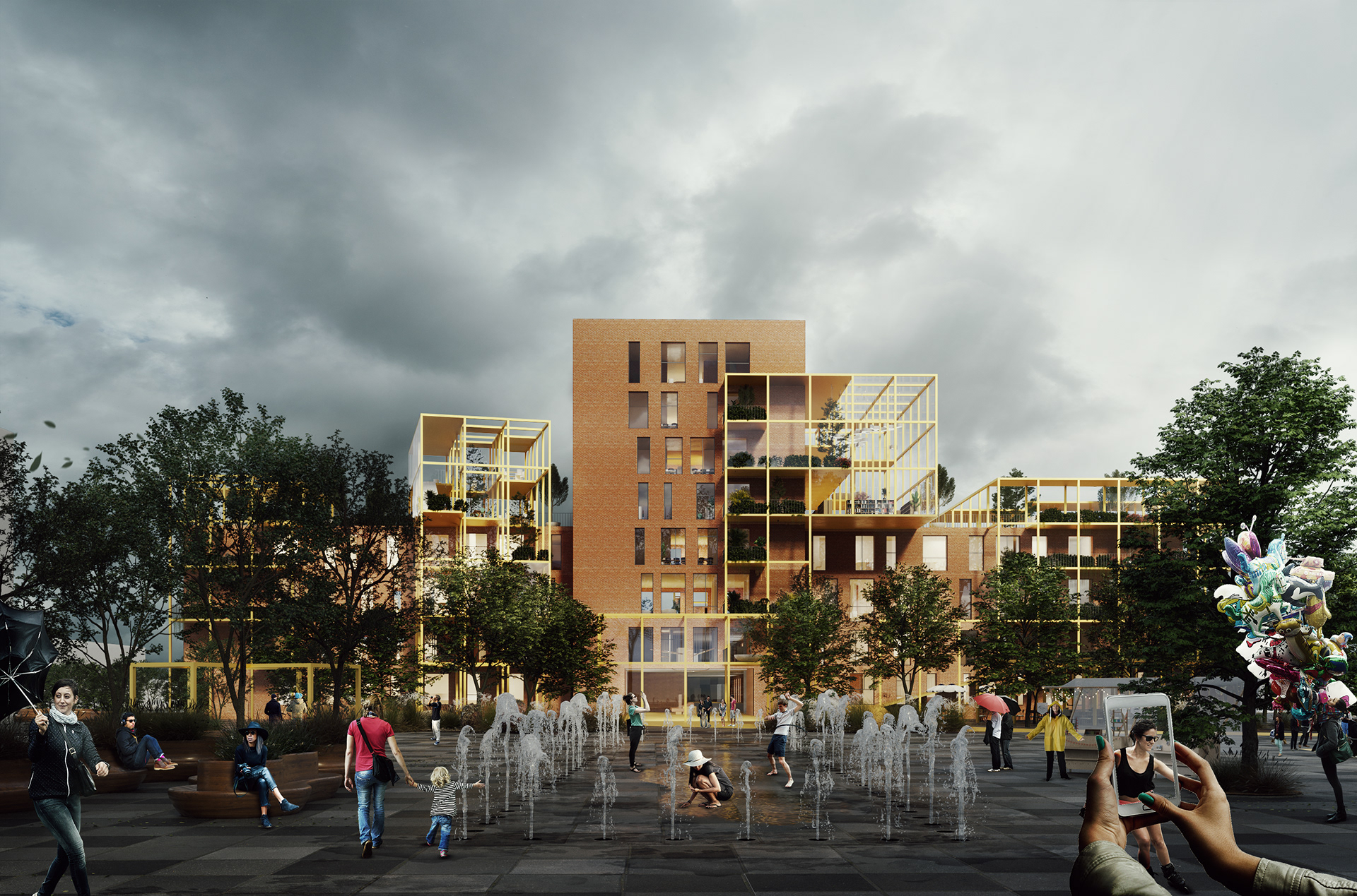Conceptual view of DASU Building and the entry plaza.