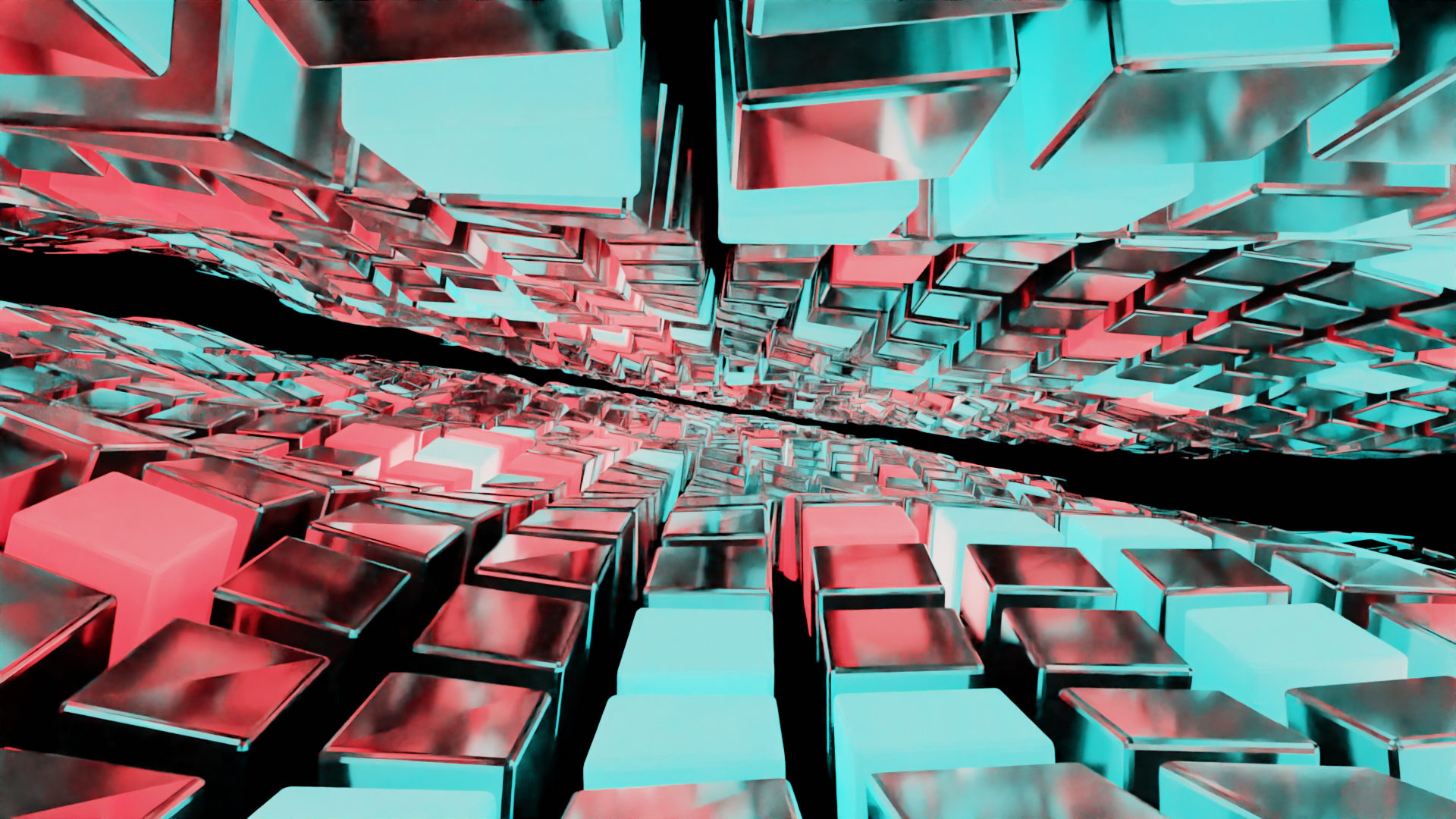 Another desktop background I created. Witht he camera in-between two waves of metal cubes with red and blue emissions.