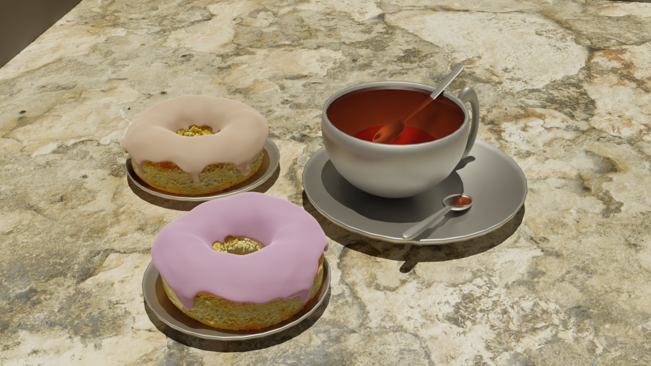 During our 3D class, we had to create a cup of coffee. I decided to add the liquid, the spoon, countertops, and even some textured donuts to the scene.