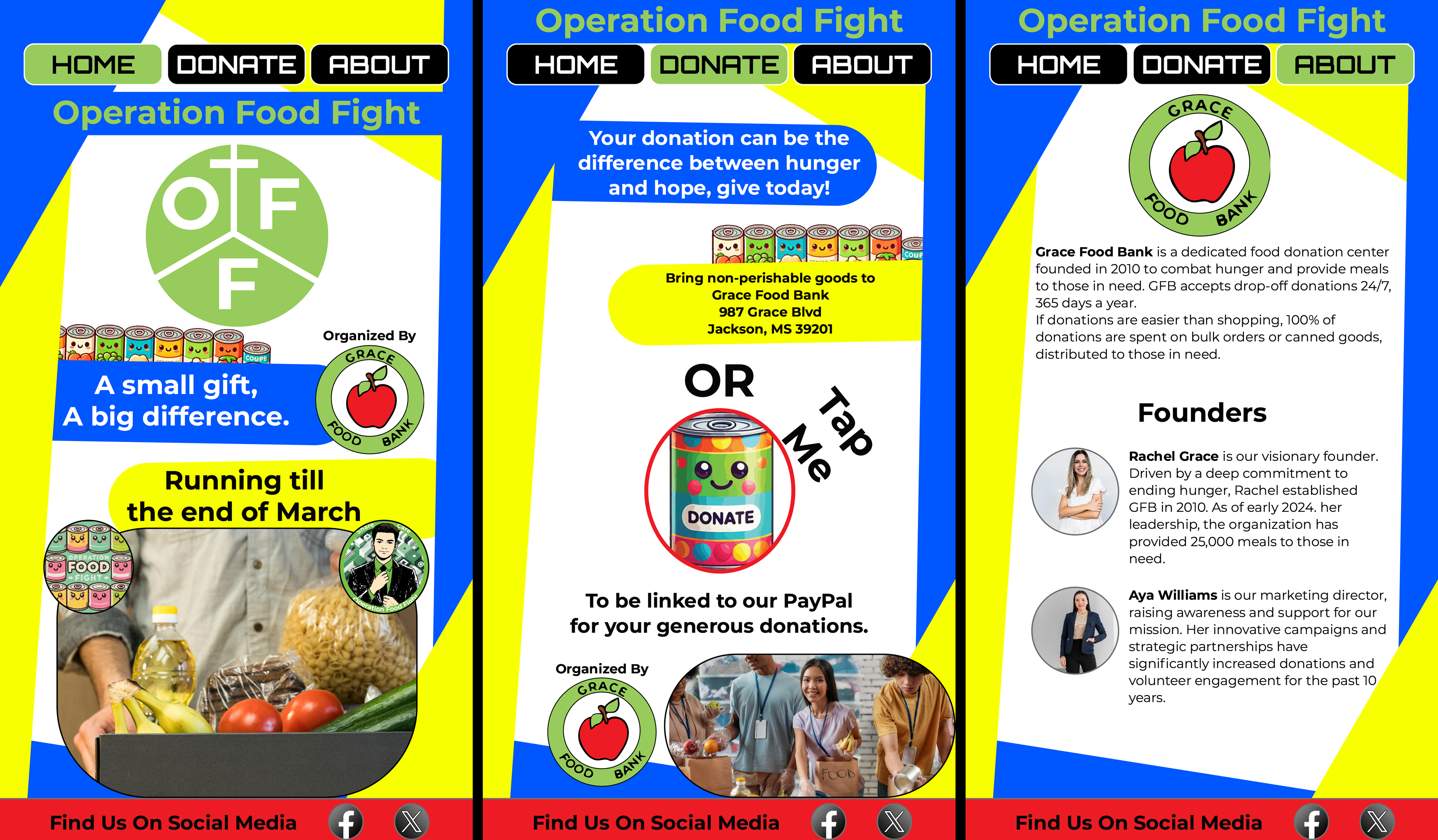 This is a 3 screen example of what the campaign's app would look like. From the home screen, donate , and about