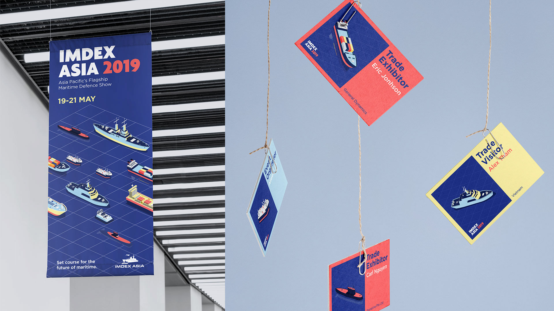 hanging banner and name tags - branding for IMDEX Asia