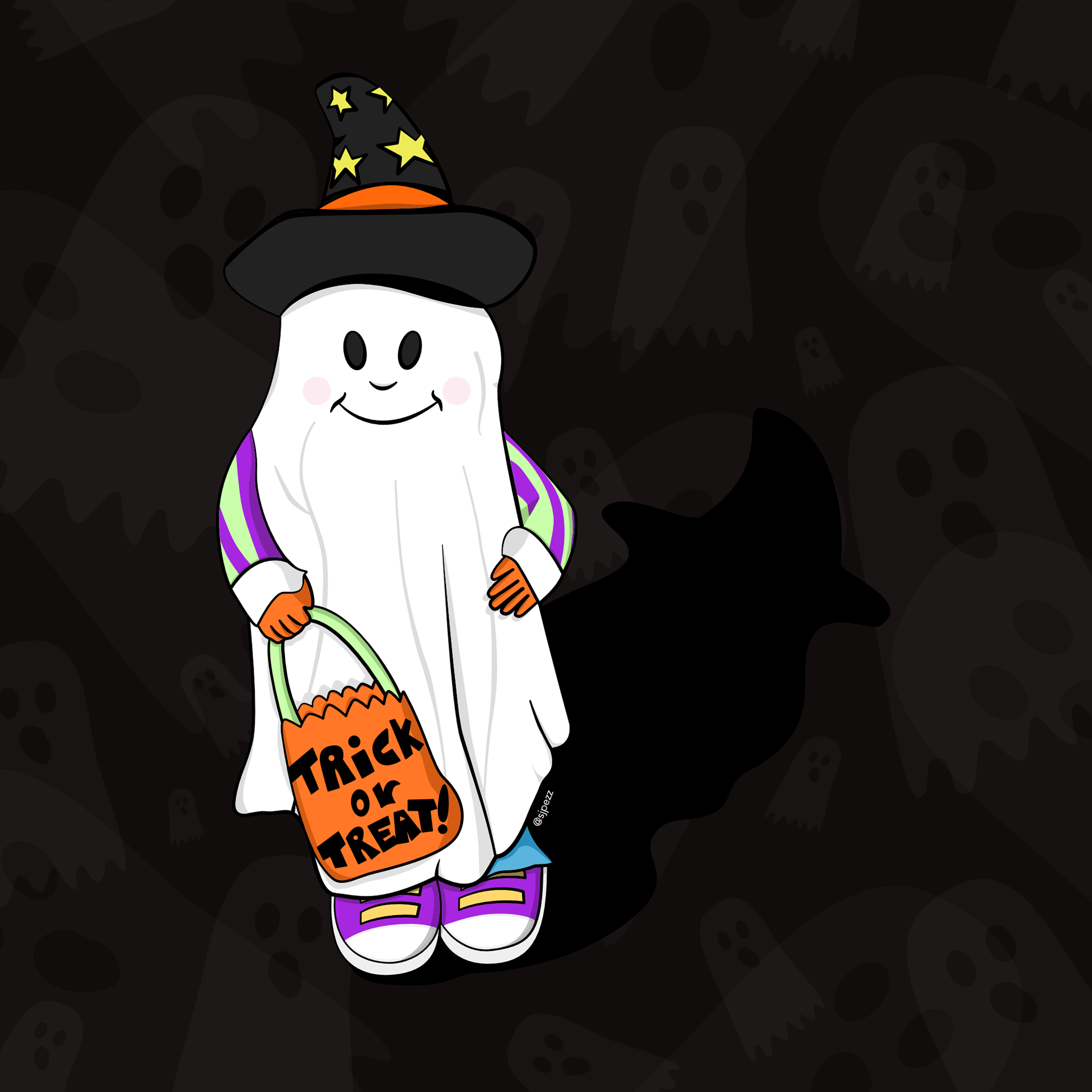 Illustration of a child dressed as a ghost for Halloween