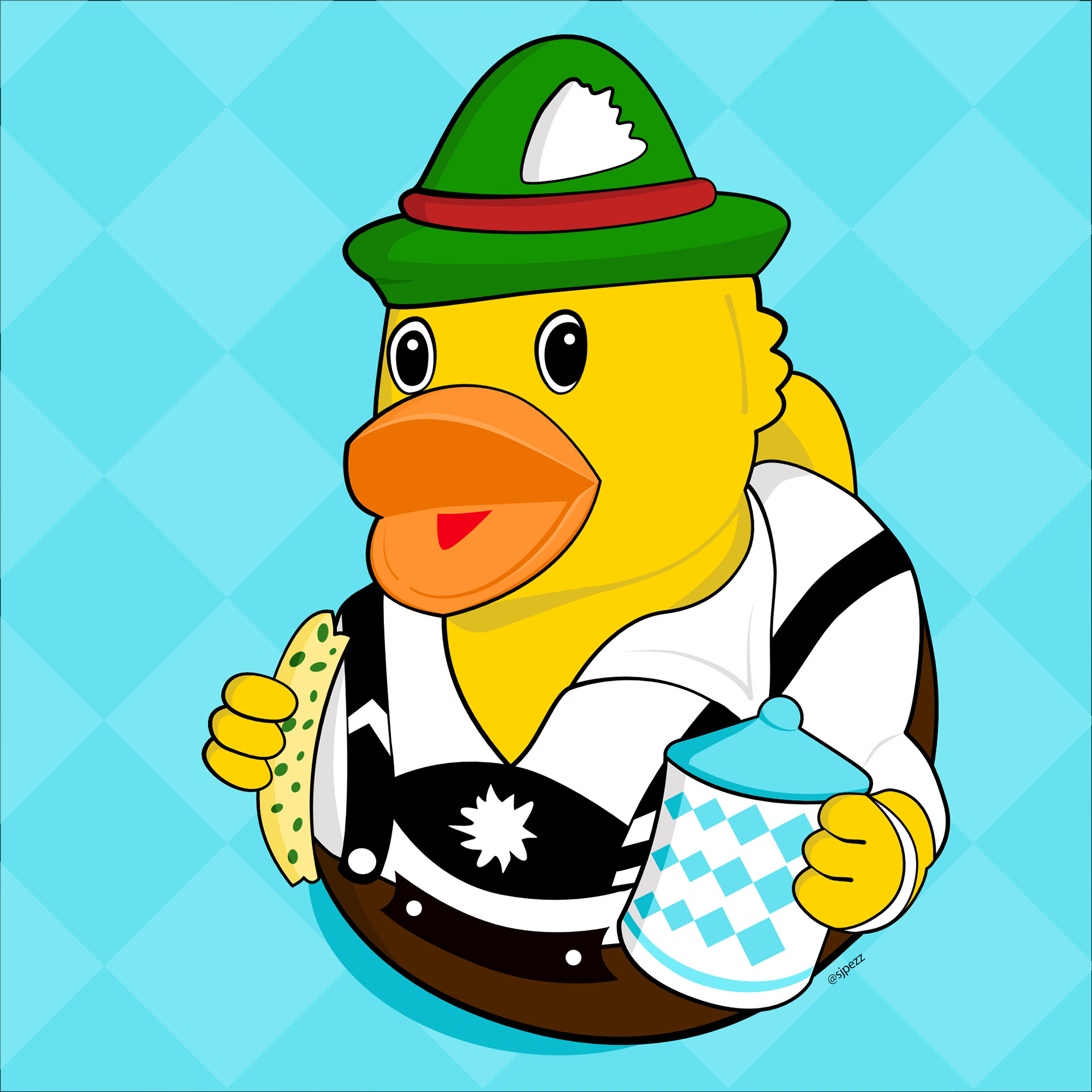Illustration of a rubber duck dressed for Oktoberfest
