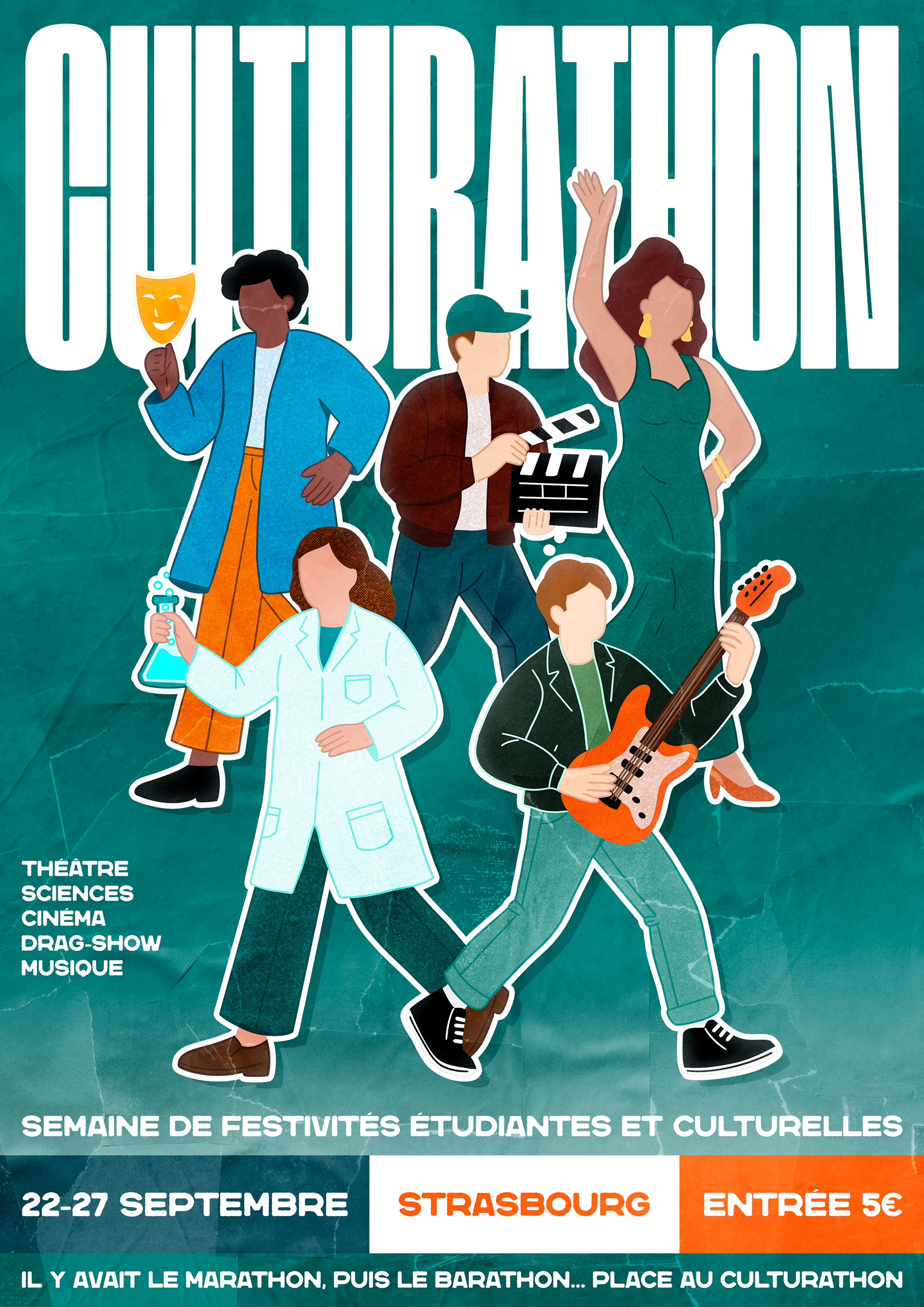 #Jour5 #Culturathon Affiche pour le Culturathon de Strasbourg, une semaine de festivités étudiantes mêlant théâtre, musique, cinéma et sciences, pour célébrer la créativité et la culture sous toutes leurs formes.