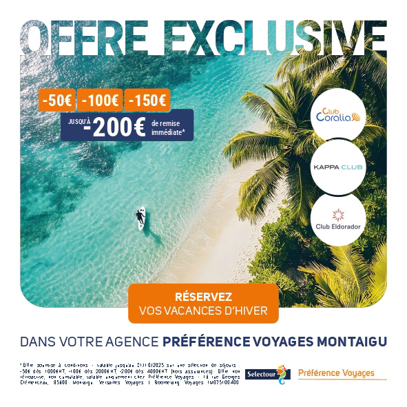 Conception d’un encart publicitaire pour une offre exclusive hiver, destinée aux agences Préférence Voyages. Le visuel met en avant une remise immédiate et valorise les clubs de vacances du groupe NG Travel : Coralia, Kappa Club et Eldorador.