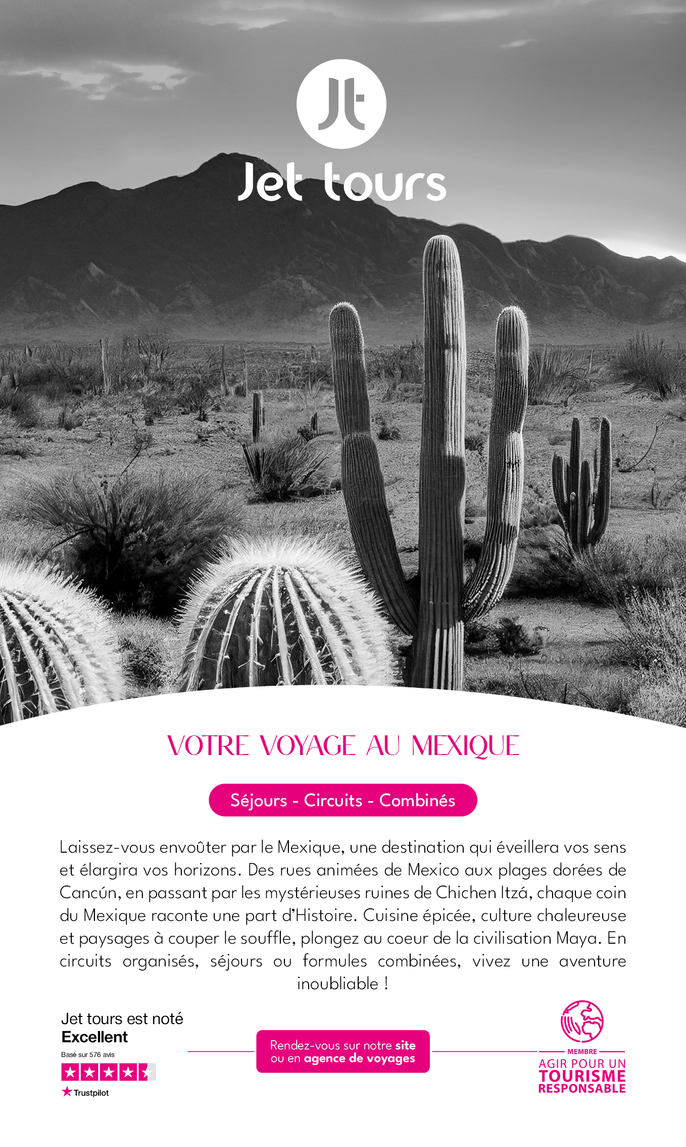 Campagne print – Jet tours x Le Routard Création d’une publicité pour promouvoir la destination Mexique en partenariat avec le guide de voyage Le Routard. La mise en avant associe découverte culturelle, immersion locale et engagement pour un tourisme responsable.