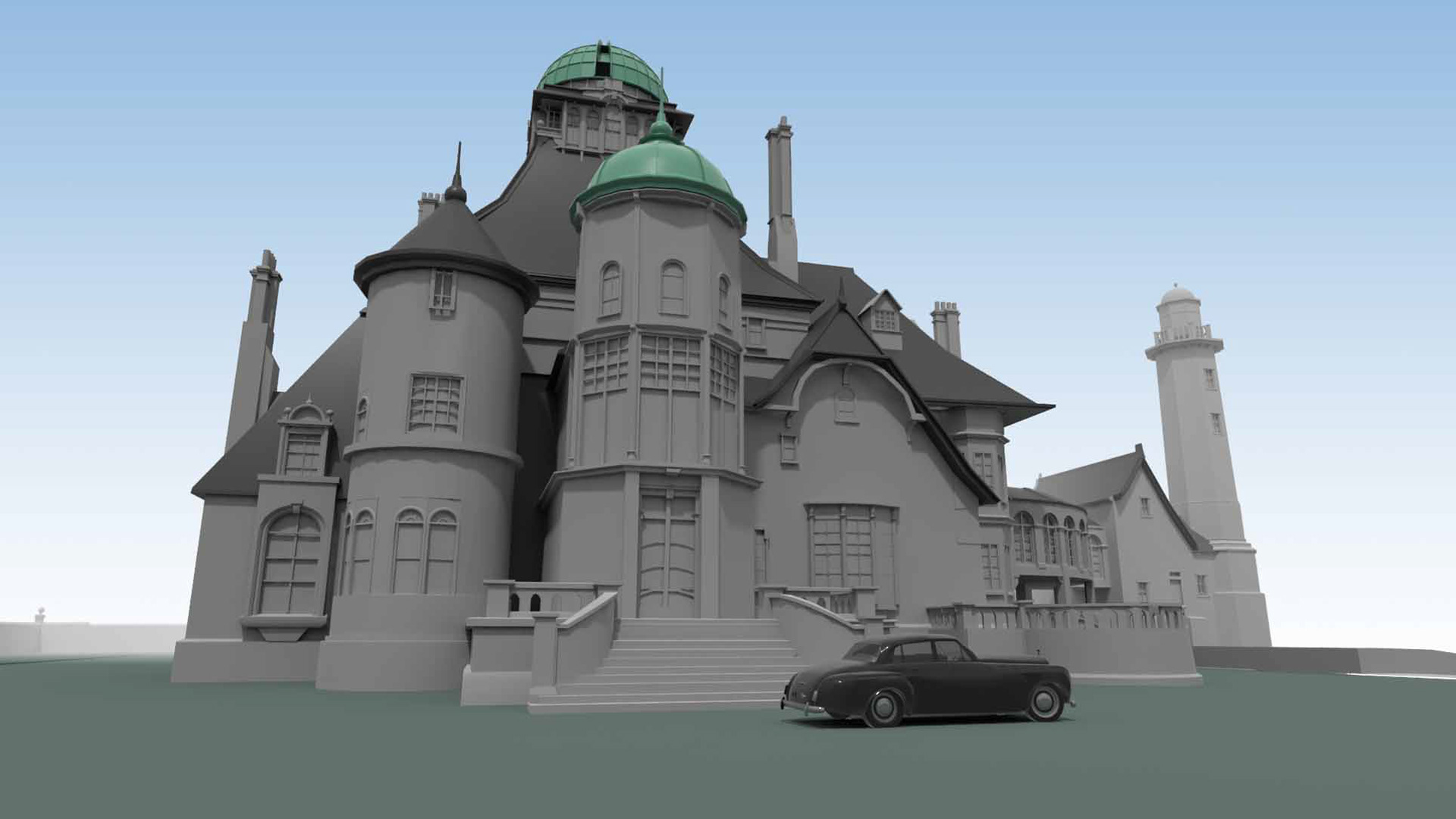 Rough 3D model created in tandem with Art dept and Production Designer Jim Clay