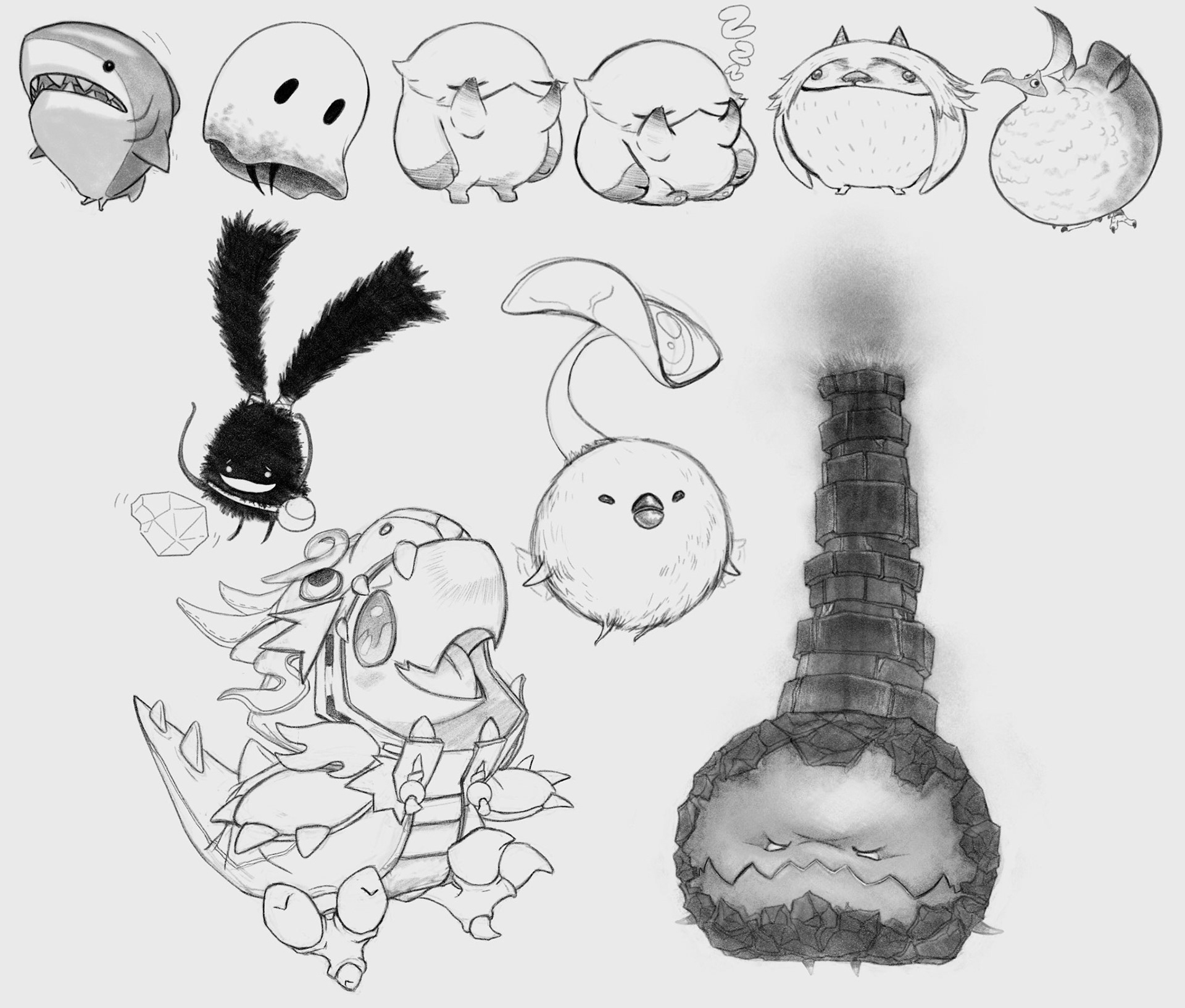 Sketches of enemies and minions from Final Fantasy XIV