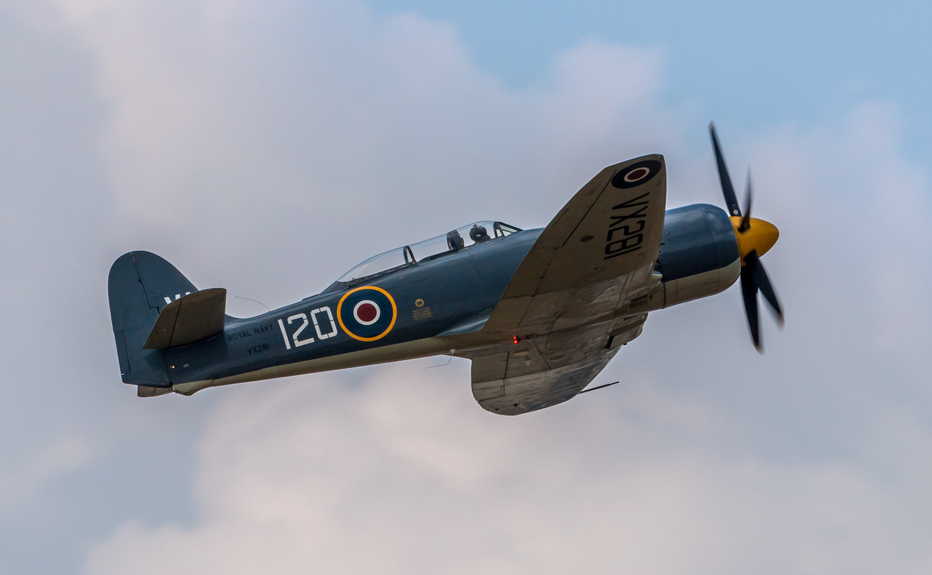 The Hawker Sea Fury is a British fighter aircraft designed and manufactured by Hawker.

Engine is a Bristol Centaurus, and it has 4 x wing-mounted Hispano V cannons