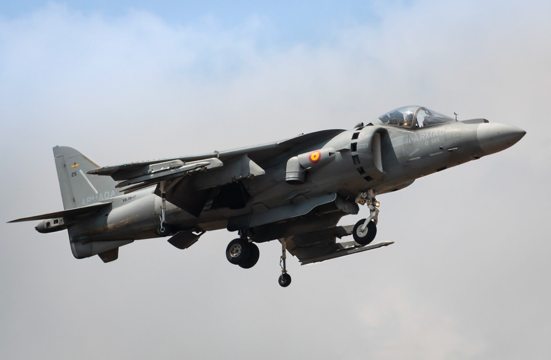A Spanish Navy AV-8B Harrier hovering. Still used by the US Marines and Spanish and Italian Navy. Production was stopped in 2003