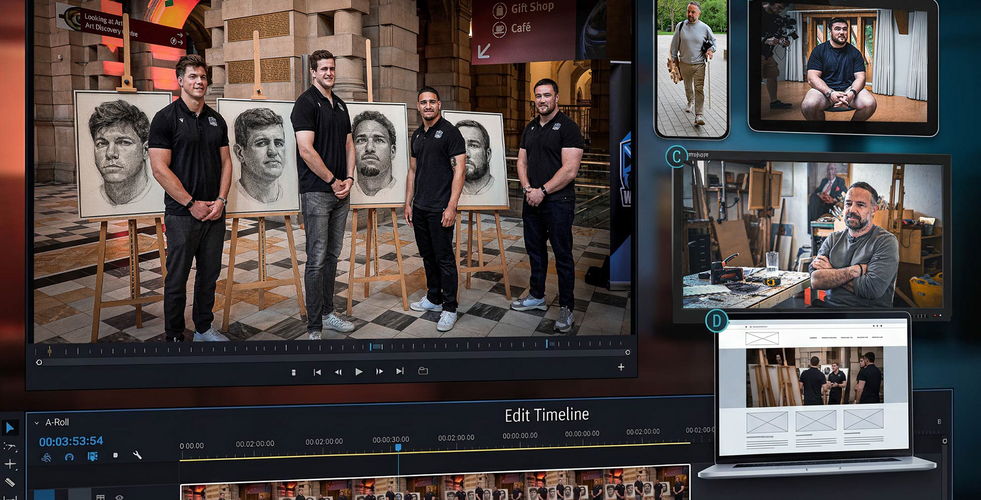 Multi-platform video production workflow showcasing sports documentary editing, motion graphics and content creation for broadcast, social media and digital platforms in Scotland
