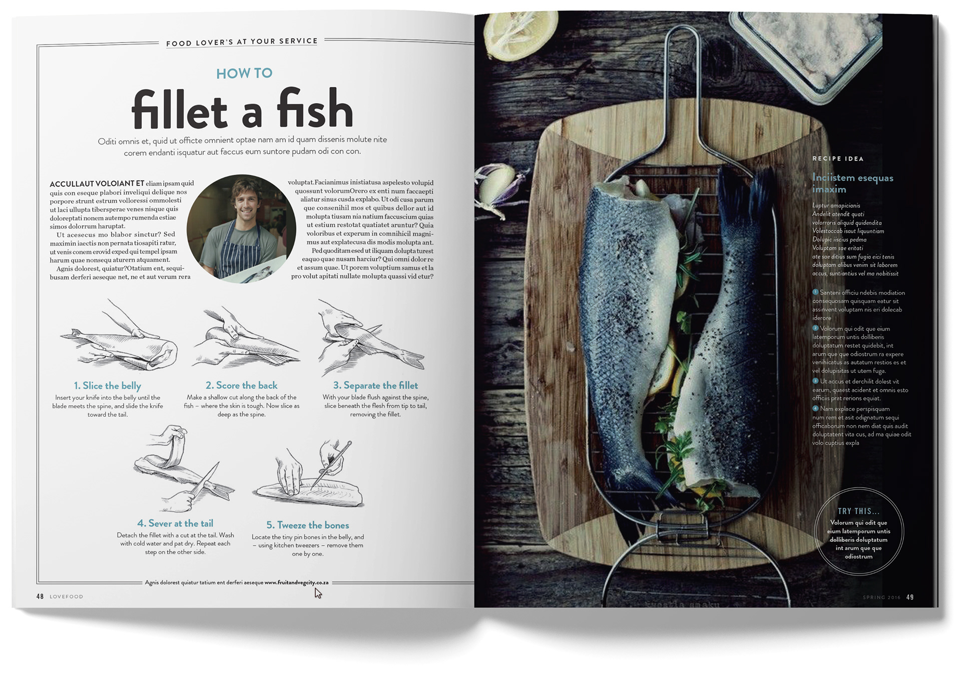 Love Food magazine spread - Fillet a Fish. Designed by Marc Backwell