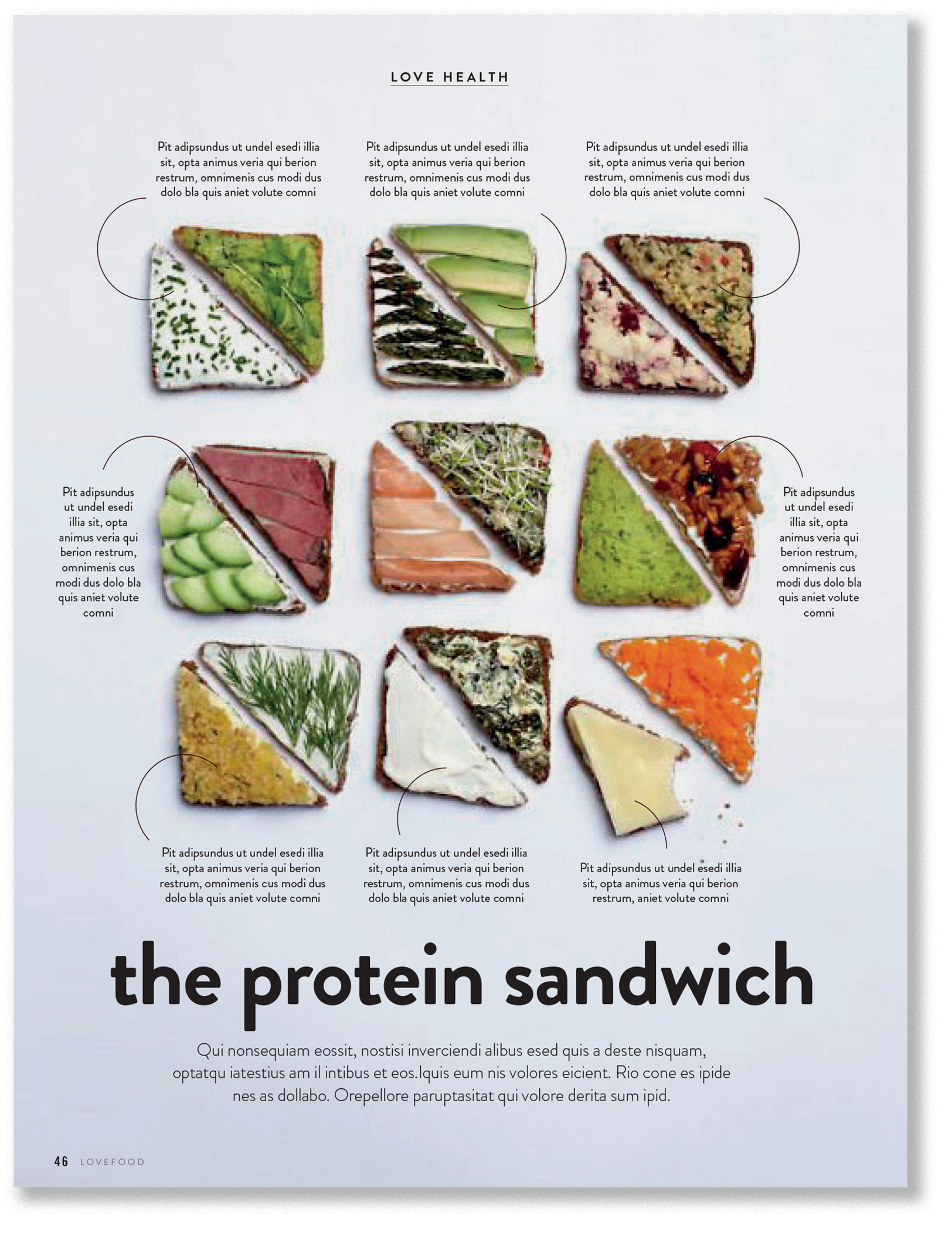 Love Food magazine page - Protein Sandwich. Designed by Marc Backwell