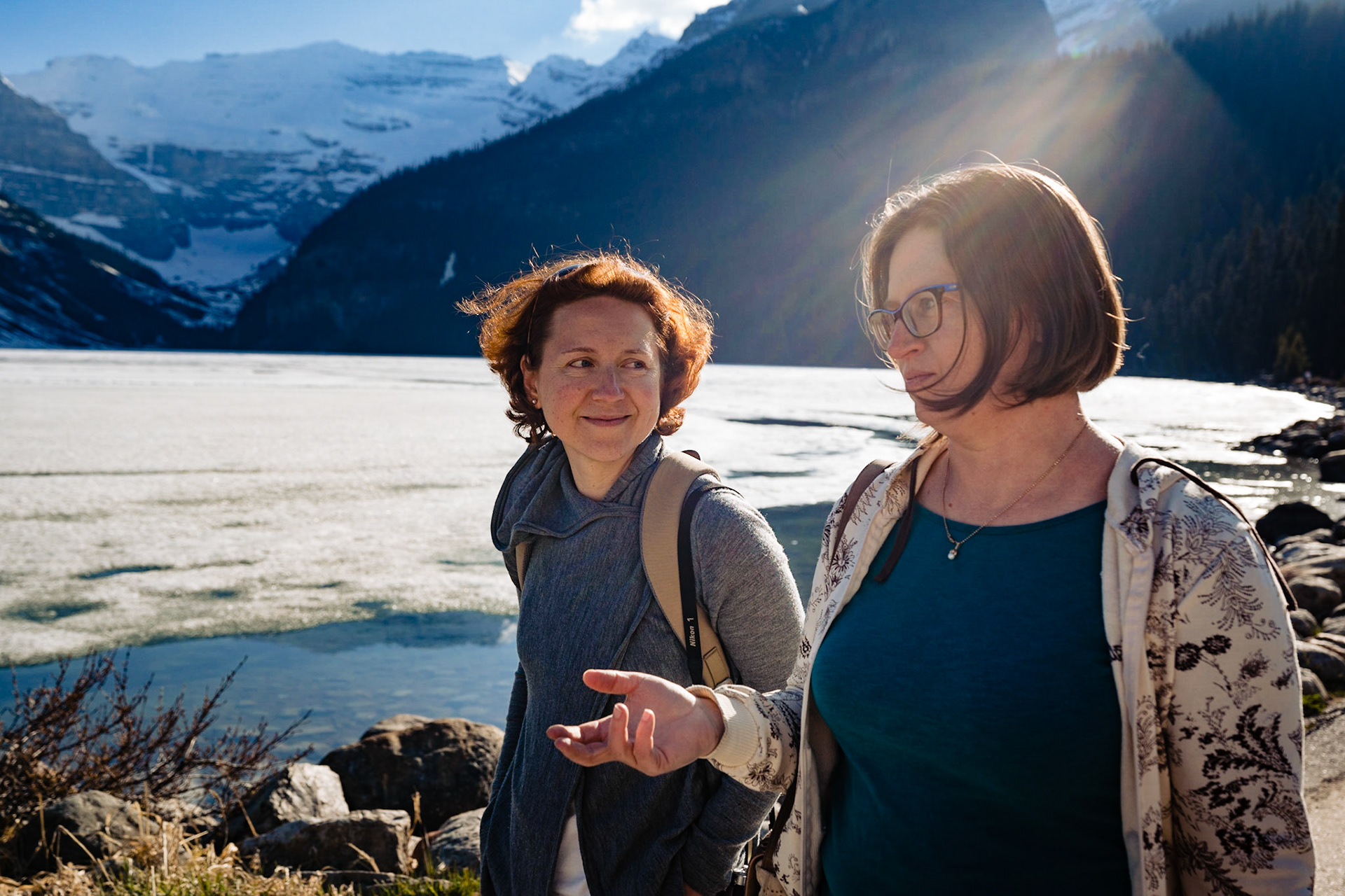 Walking along the shore of Lake Louise