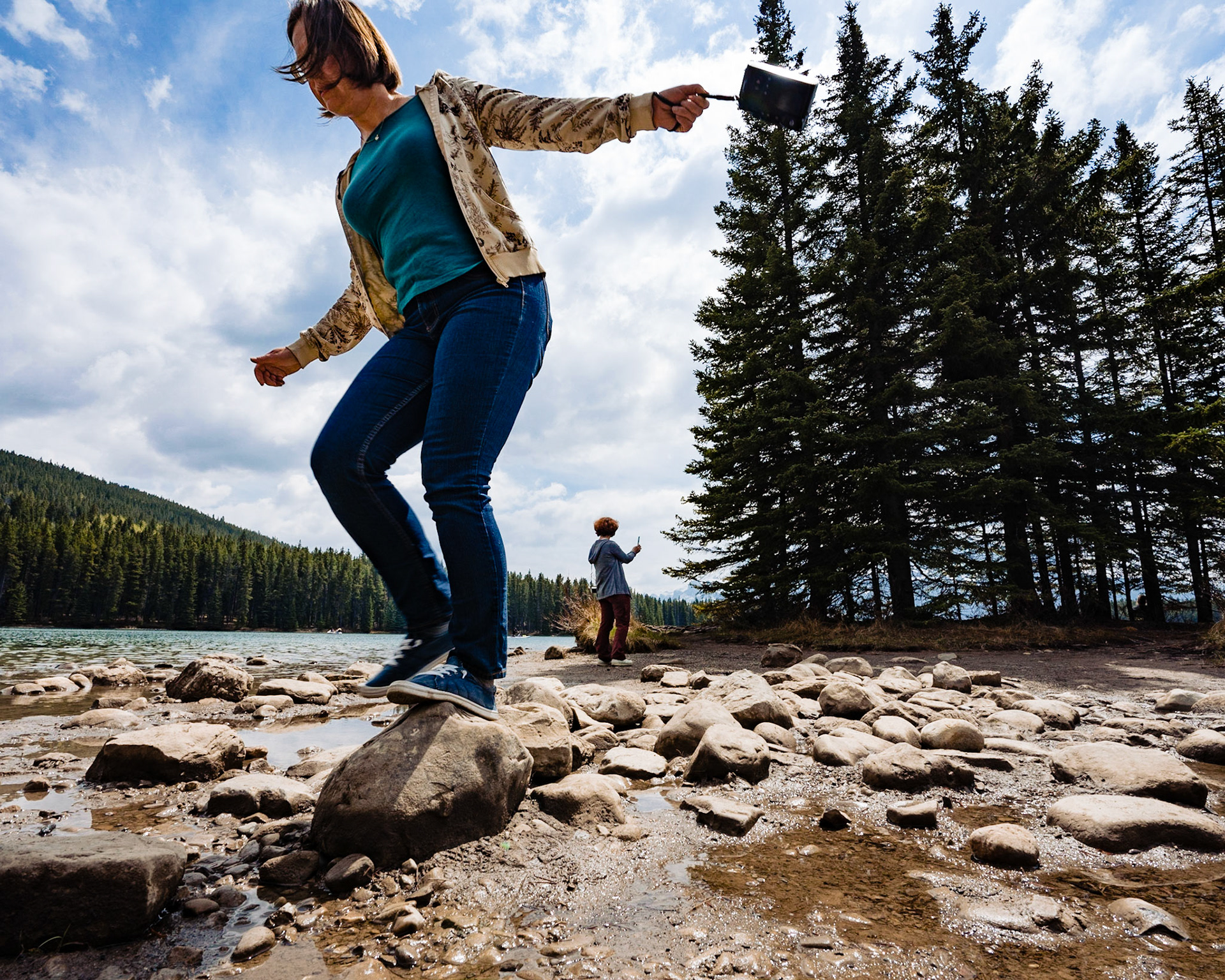 Walking along the shore of Two Jack Lake