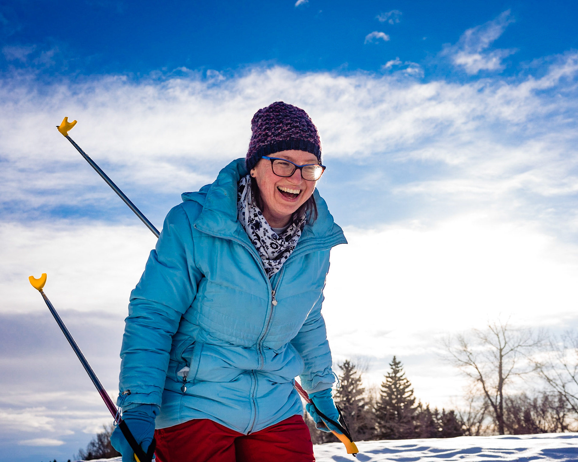 Olena is cross-country skiing at Maple Ridge Golf Course