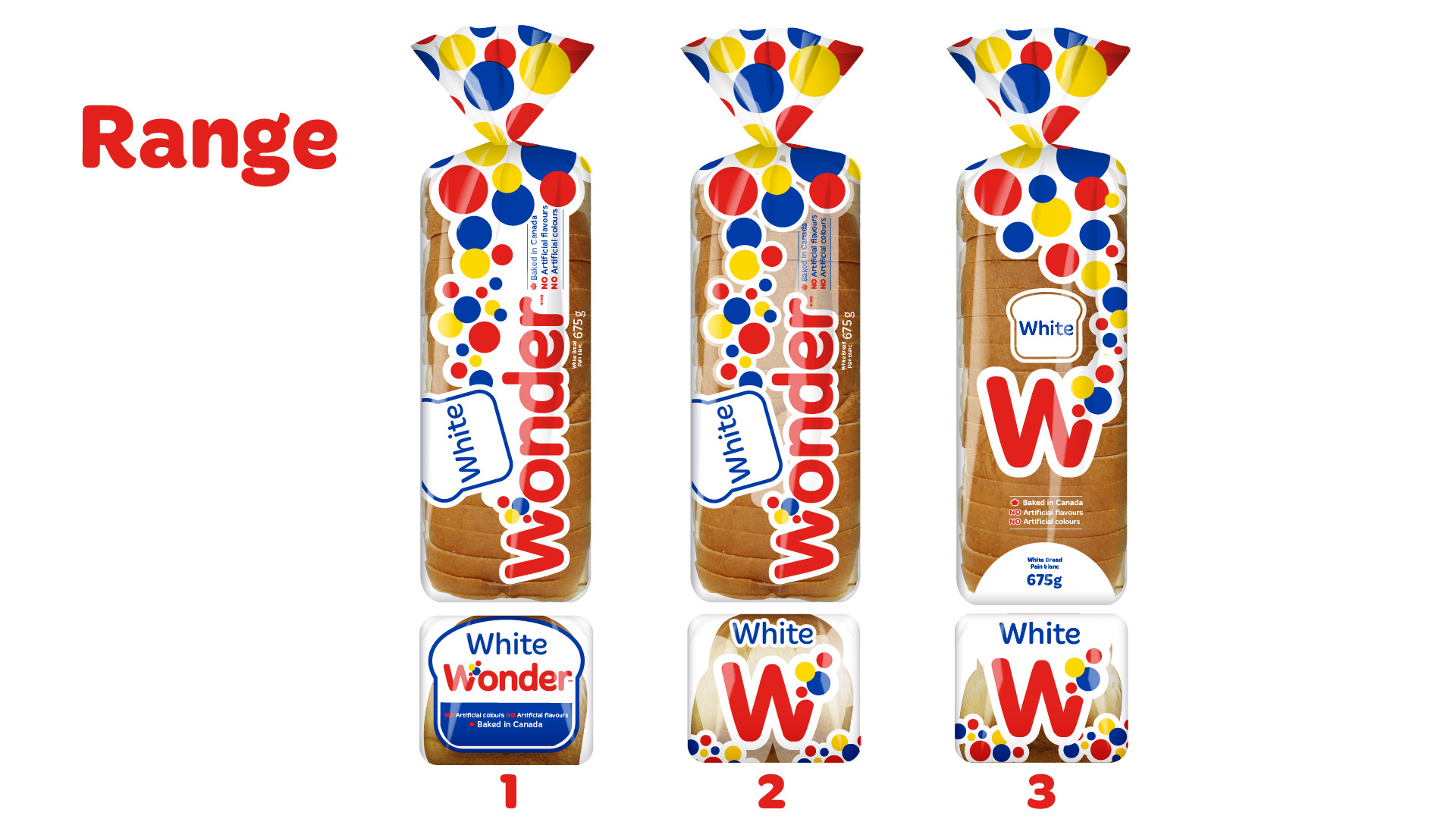 Range Side-by-side comparison of Concepts 1, 2 and 3 applied to Wonder White packaging. 1 — Concept 1: Evolution of the existing Wonder identity with increased product visibility. 2 — Concept 2: Greater emphasis on the iconic Wonder W and unified gusset. 3 — Concept 3: Simplified packaging architecture built around the Wonder W, product visibility and SKU colour.
