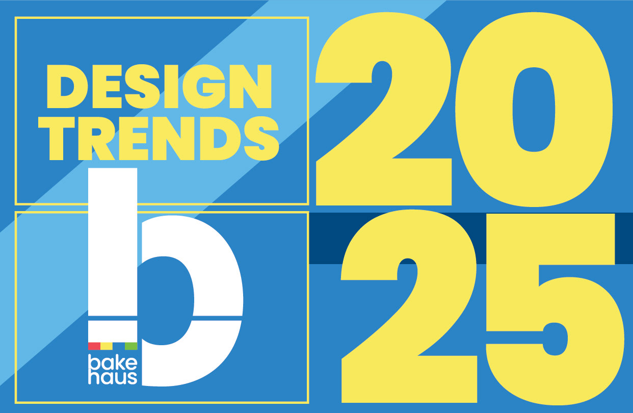 Design Trends 2025 — Bakehaus Creative Presentation  Opening slide introducing a 2025 design trends presentation developed for the Bakehaus creative team.  The design features oversized yellow typography spelling out "2025," arranged in a bold geometric composition against layered blue backgrounds. The words "Design Trends" appear in a yellow outlined square, while a large white lowercase "b" and the multicoloured Bakehaus logo anchor the bottom-left corner.  The presentation establishes a bright, graphic visual language using bold typography, strong colour contrast and geometric shapes.