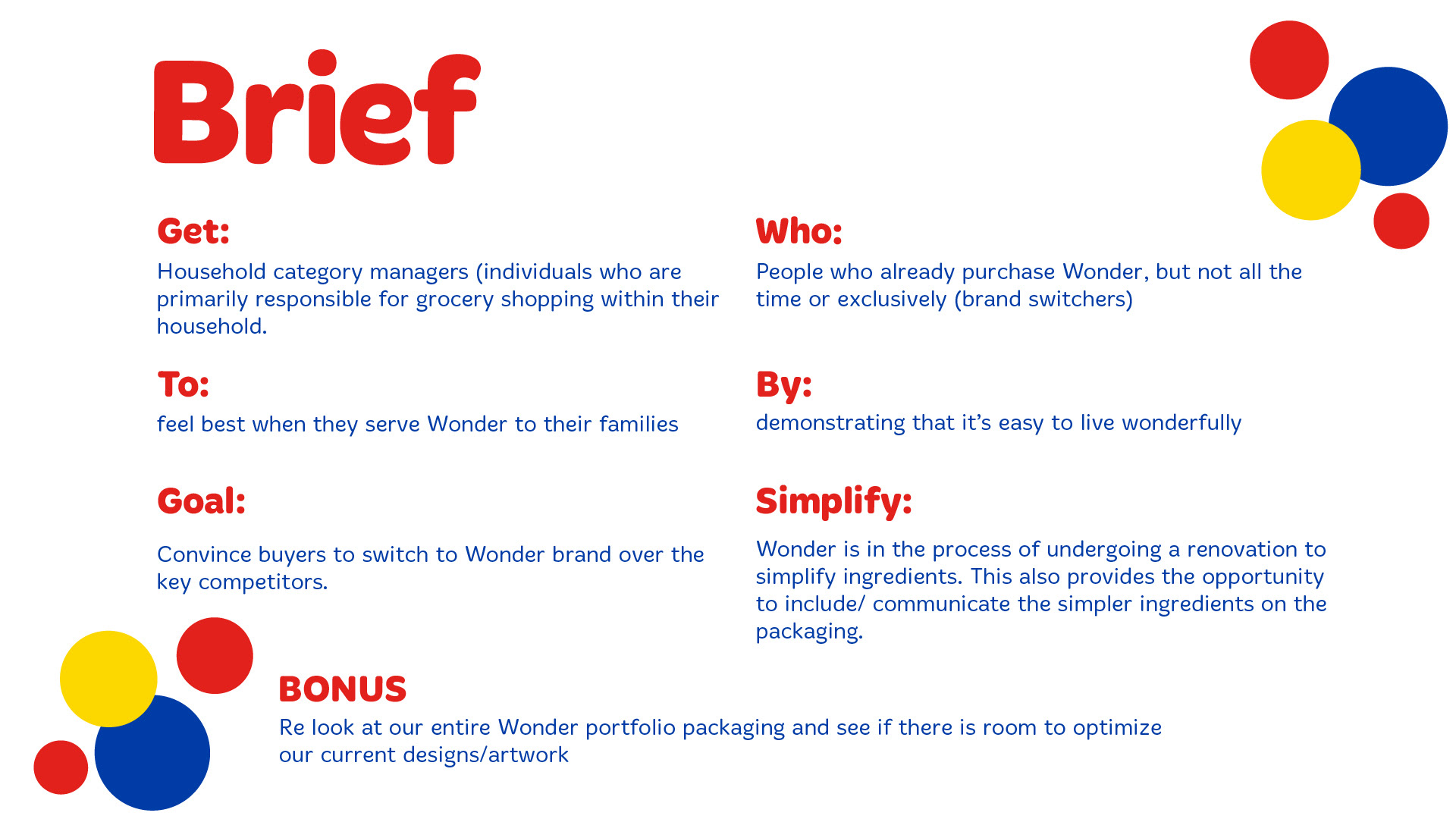 Brief Get — Who: Household category managers (individuals who are primarily responsible for grocery shopping within their household). People who already purchase Wonder, but not all the time or exclusively (brand switchers). To: Feel best when they serve Wonder to their families, demonstrating that it’s easy to live wonderfully. By: Convince buyers to switch to Wonder brand over the key competitors. Goal: Wonder is in the process of undergoing a renovation to simplify ingredients. This also provides the opportunity to include/communicate the simpler ingredients on the packaging. Bonus — Simplify: Re-look at our entire Wonder portfolio packaging and see if there is room to optimize our current designs/artwork.