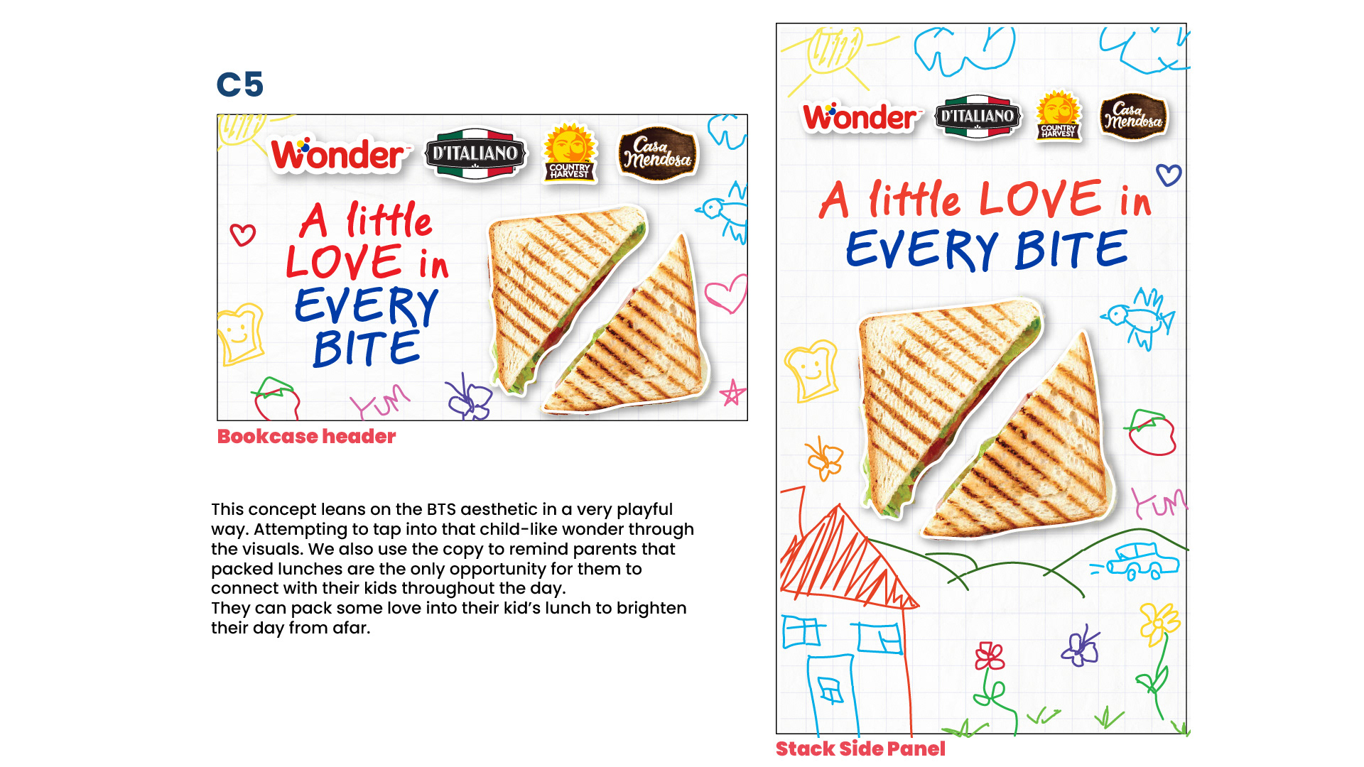 C5 — A Little Love in Every Bite  The fifth concept explores the emotional connection between parents and children through the everyday ritual of preparing school lunches.  The creative positions packed lunches as a way for parents to express care and affection during the school day, even when they cannot be physically present.  The visual identity embraces a playful, childlike aesthetic, featuring colourful hand-drawn illustrations of hearts, flowers, houses, animals and school-related doodles.  A black chalkboard-style background provides contrast for the brightly coloured graphics and the headline "A Little Love in Every Bite."  A large grilled sandwich, cut diagonally into two triangles, serves as the central food image.  The slide presents both a square bookcase header and a vertical stack side panel, supported by the logos of Wonder, D'Italiano, Country Harvest and Casa Mendosa.  The concept combines nostalgia, family emotion and food appeal to create a warmer, more personal Back-to-School message.