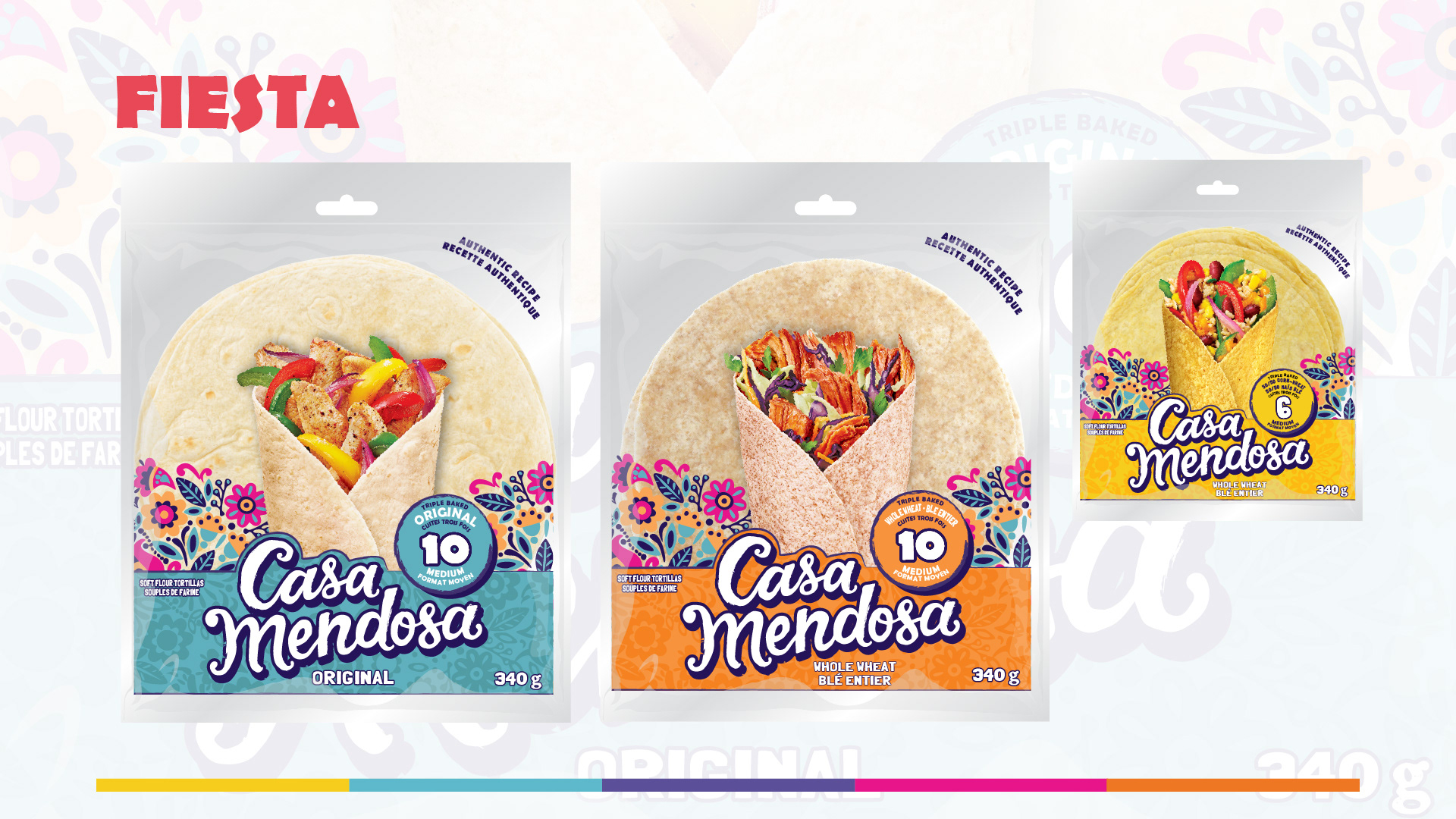 Fiesta — Colourful, Product-Forward Packaging  The second concept introduces a substantially brighter and more expressive direction for Casa Mendosa.  The design emphasizes product visibility by allowing the tortilla itself to occupy most of the packaging surface, with a triangular opening revealing a colourful prepared taco or wrap.  A vibrant illustrated floral pattern runs along the lower portion of the packaging, referencing Mexican decorative art and creating a recognizable brand asset.  The Casa Mendosa script logo is positioned prominently within this illustrated area, supported by a bold colour block that identifies each SKU.  Turquoise is used for Original, while orange identifies Whole Wheat.  The slide presents three packaging examples, including Original, Whole Wheat and a smaller 50/50 Corn-Wheat variety.  The result is a more playful, contemporary packaging system that balances Mexican-inspired illustration with strong product visibility and appetite appeal.
