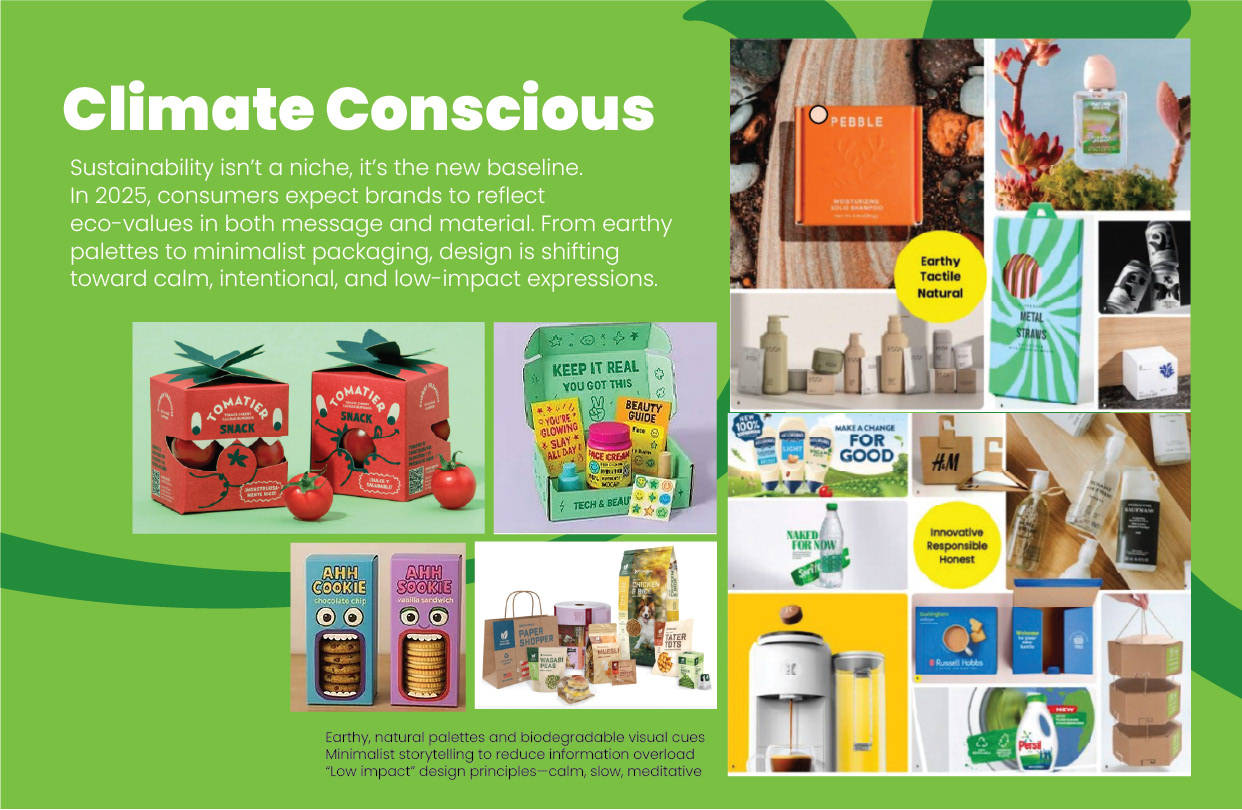 Climate Conscious — Sustainability in Contemporary Design  An exploration of sustainability as an increasingly important consideration in brand identity and packaging design.  The presentation examines how environmentally conscious design is reflected through natural colour palettes, restrained visual communication, biodegradable material cues and lower-impact packaging approaches.  The slide features a collection of contemporary packaging examples, including food products, beverages, personal care items and sustainable household goods.  Earthy greens, warm neutrals, paper textures, botanical illustrations and simplified layouts appear throughout the examples.  The visual research highlights how brands use design to communicate environmental responsibility, natural ingredients and thoughtful consumption.