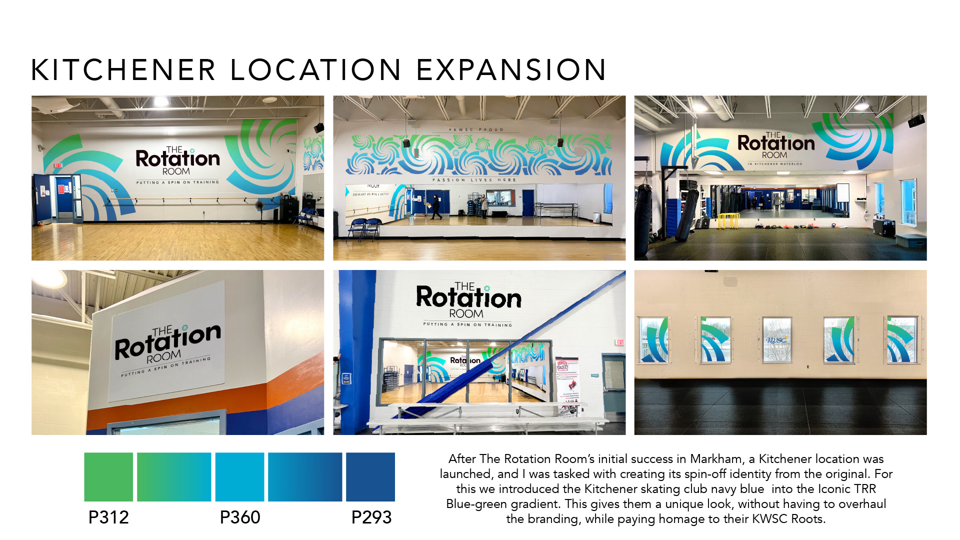 Kitchener Location Expansion Following The Rotation Room's initial success in Markham, a second location launched in Kitchener, requiring an adapted version of the original brand identity. To distinguish the new location while maintaining consistency, the Kitchener Skating Club's navy blue was introduced into The Rotation Room's signature blue-green gradient. This created a unique visual identity for the Kitchener location without requiring a complete redesign, while acknowledging its connection to the Kitchener-Waterloo Skating Club. The slide features photographs of the completed Kitchener facility, showcasing large-scale spiral murals, branded walls, signage and architectural graphics throughout the training space. The expanded colour palette incorporates Pantone 312, Pantone 360 and Pantone 293.