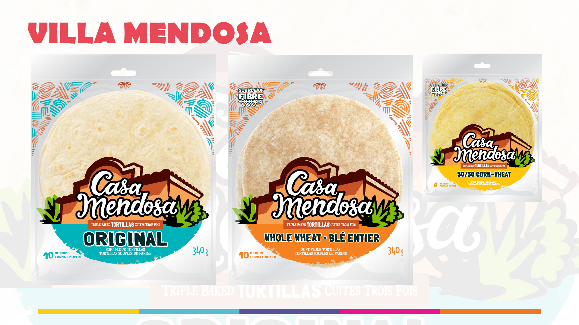 Villa Mendosa — An Illustrative Brand Identity  The fourth concept explores a more substantial reinvention of Casa Mendosa's visual identity.  The design introduces an illustrated Mexican-style house as the central brand element, creating a direct visual connection to the word "Casa."  Warm terracotta architecture, green cacti and stylized foliage frame the existing Casa Mendosa script logo, establishing a distinctive illustrated brand mark.  The majority of the package remains transparent, allowing the tortilla product to occupy a prominent portion of the design.  Bright turquoise and orange brushstroke graphics anchor the lower section of the packaging and provide clear SKU differentiation.  The slide presents three packaging applications, including Original, Whole Wheat and a smaller 50/50 Corn-Wheat variety.  This concept places greater emphasis on brand storytelling and illustration, using Mexican-inspired architectural imagery to create a recognizable visual identity across the product range.