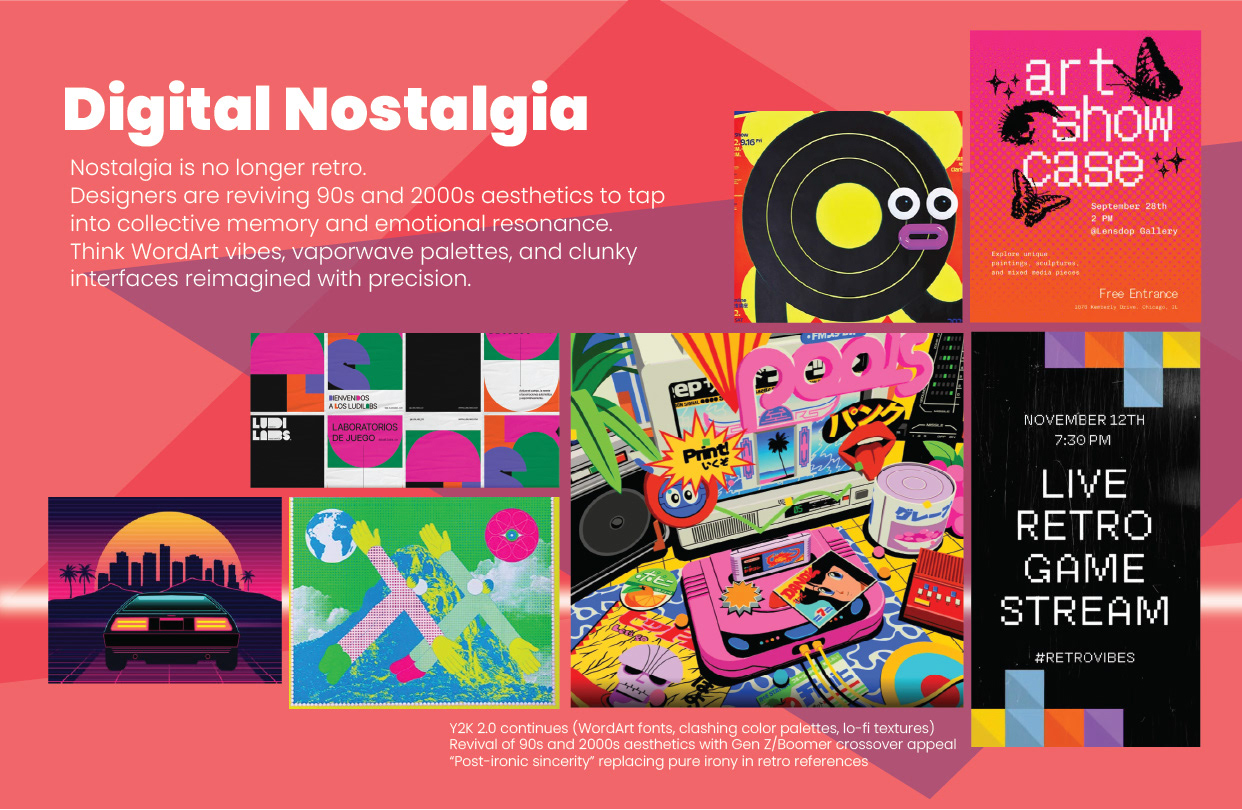 Digital Nostalgia — The Revival of 1990s and 2000s Aesthetics  An exploration of the renewed popularity of visual styles associated with early digital culture.  The presentation examines the return of Y2K-inspired typography, saturated colour palettes, lo-fi textures, pixel graphics and deliberately unconventional layouts.  The trend reflects how designers reinterpret familiar visual references from the 1990s and 2000s for contemporary audiences.  The slide presents a colourful collage of retro-inspired creative examples, including pixelated typography, vaporwave landscapes, arcade graphics, illustrated electronics and experimental poster designs.  A vibrant pink and coral background reinforces the energetic, nostalgic visual language.