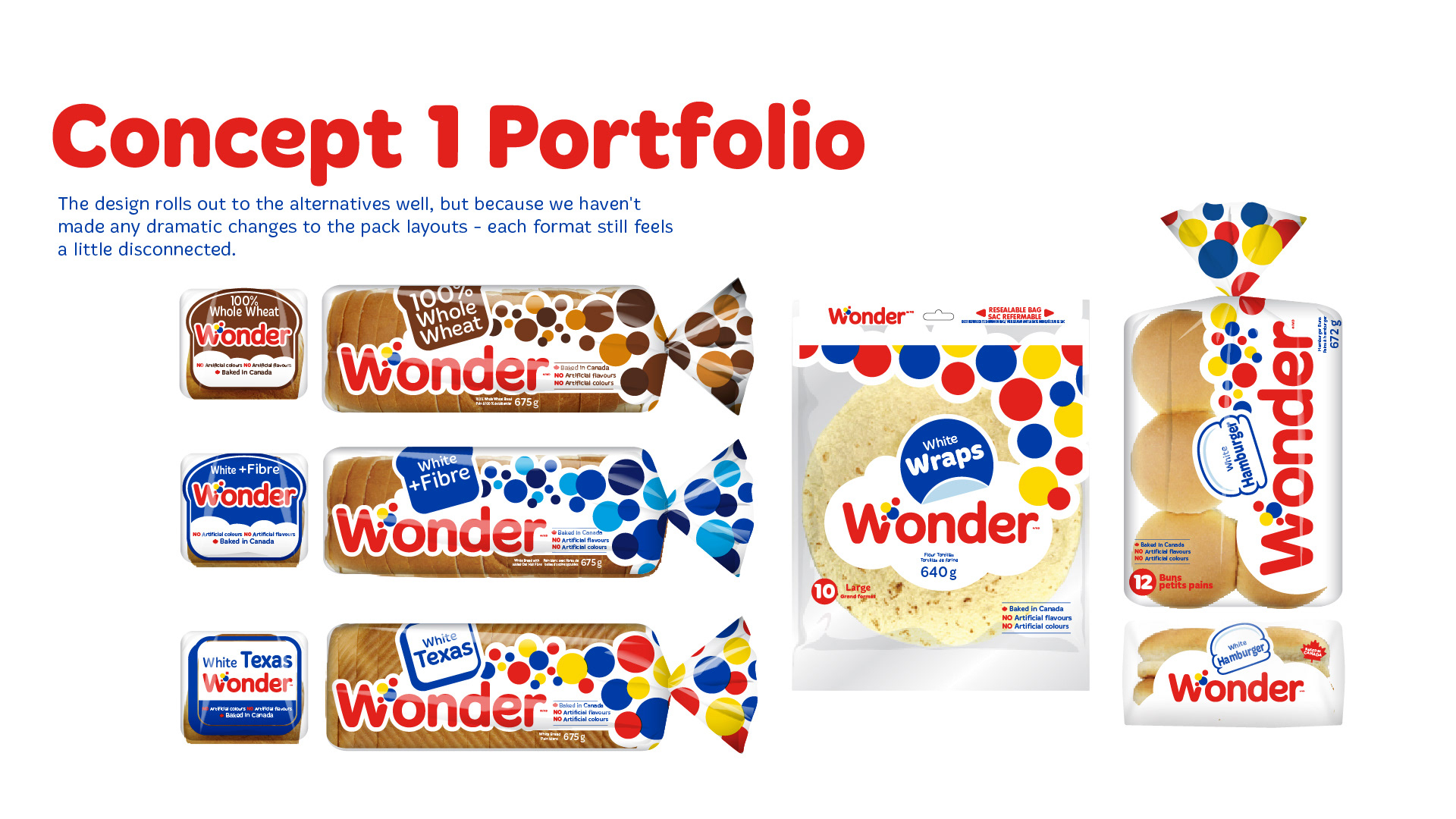 Concept 1 Portfolio The design rolls out to the alternatives well, but because we haven’t made any dramatic changes to the pack layouts, each format still feels a little disconnected. Portfolio examples include: 100% Whole Wheat White + Fibre White Texas White Wraps Hamburger White