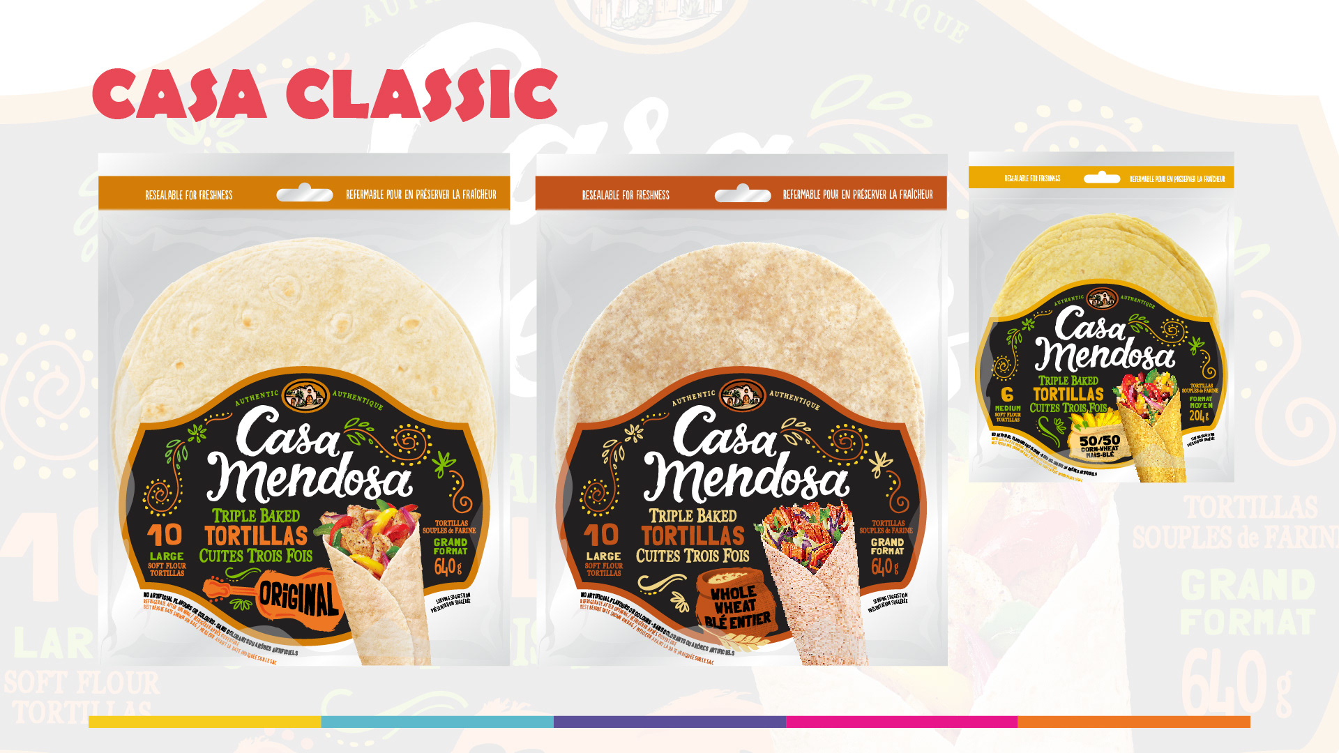 Casa Classic — Evolution of the Existing Identity  The first creative direction explores an evolutionary redesign that retains the recognizable elements of Casa Mendosa's existing packaging.  The concept preserves the dark, decorative label and signature Casa Mendosa script while simplifying the surrounding graphics and increasing the amount of visible tortilla product.  The label is repositioned toward the lower half of the package, addressing the shelf visibility concerns identified during the discovery phase.  A warm orange accent identifies the Original variety, while a darker brown-orange treatment distinguishes Whole Wheat.  The slide presents three packaging applications, including Original, Whole Wheat and a smaller-format tortilla product.  This direction offers a more conservative approach to modernization, improving the existing design without fundamentally changing the brand's visual identity.