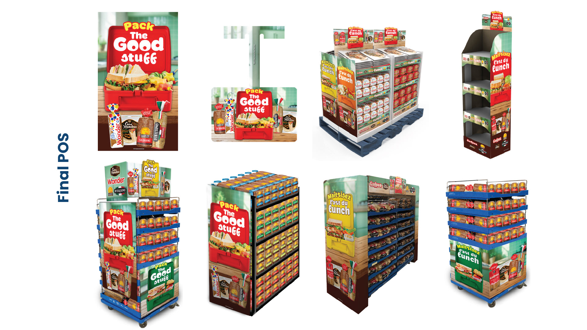 Final POS — Retail Campaign Rollout  The approved "Pack the Good Stuff" campaign was extended into a comprehensive range of point-of-sale materials designed for grocery retail environments.  The slide presents multiple merchandising applications, including vertical side panels, square display headers, freestanding product towers, pallet displays, shelving units and branded retail fixtures.  The designs incorporate the campaign's signature red lunchbox imagery, bold yellow and white typography, food photography and participating Wonderbrands product packaging.  Several executions adapt the campaign to different display structures and product configurations, demonstrating how the creative system can maintain a consistent visual presence across varied retail environments.  The collection showcases the translation of the campaign from a central creative concept into a coordinated suite of retail merchandising assets.