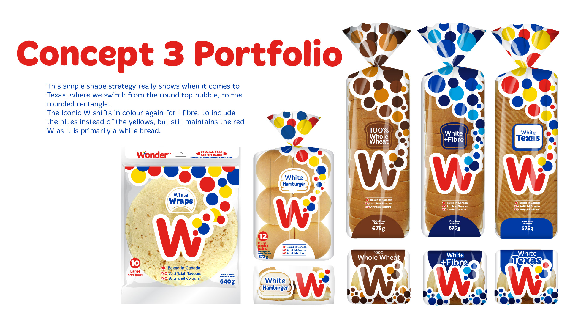 Concept 3 Portfolio This simple shape strategy really shows when it comes to Texas, where we switch from the round-top bubble to the rounded rectangle. The iconic W shifts in colour again for +Fibre, to include the blues instead of the yellows, but still maintains the red W as it is primarily a white bread. Portfolio examples show the visual system applied across: 100% Whole Wheat White + Fibre White Texas White Hamburger White Wraps