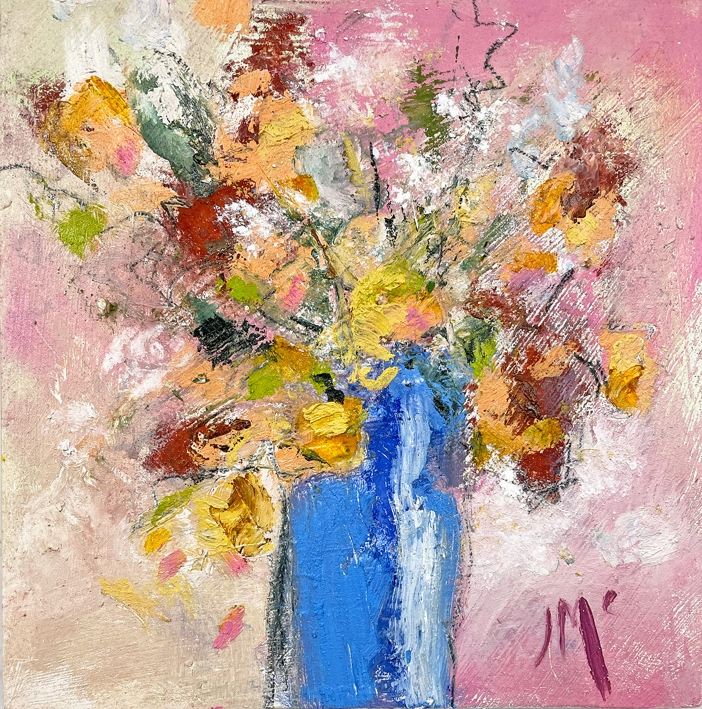 Tall Blue Vase Spring Flowers, 8" x8", oil, wood cradle