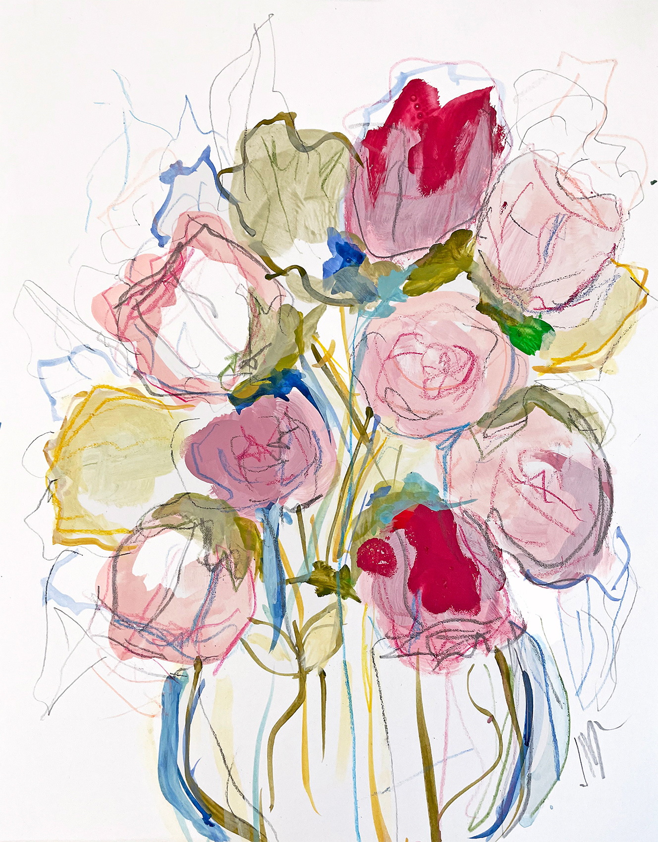 Roses in a Round Vase, 8" x 10", mixed media, paper