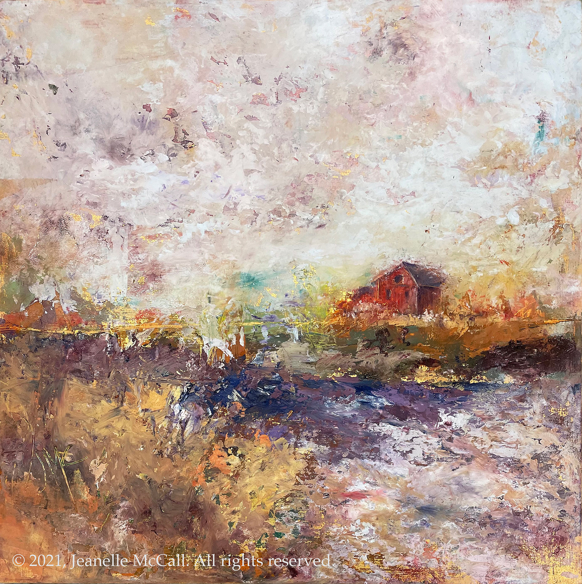 RED BARN, Oil, 12"x 12", Wood Panel