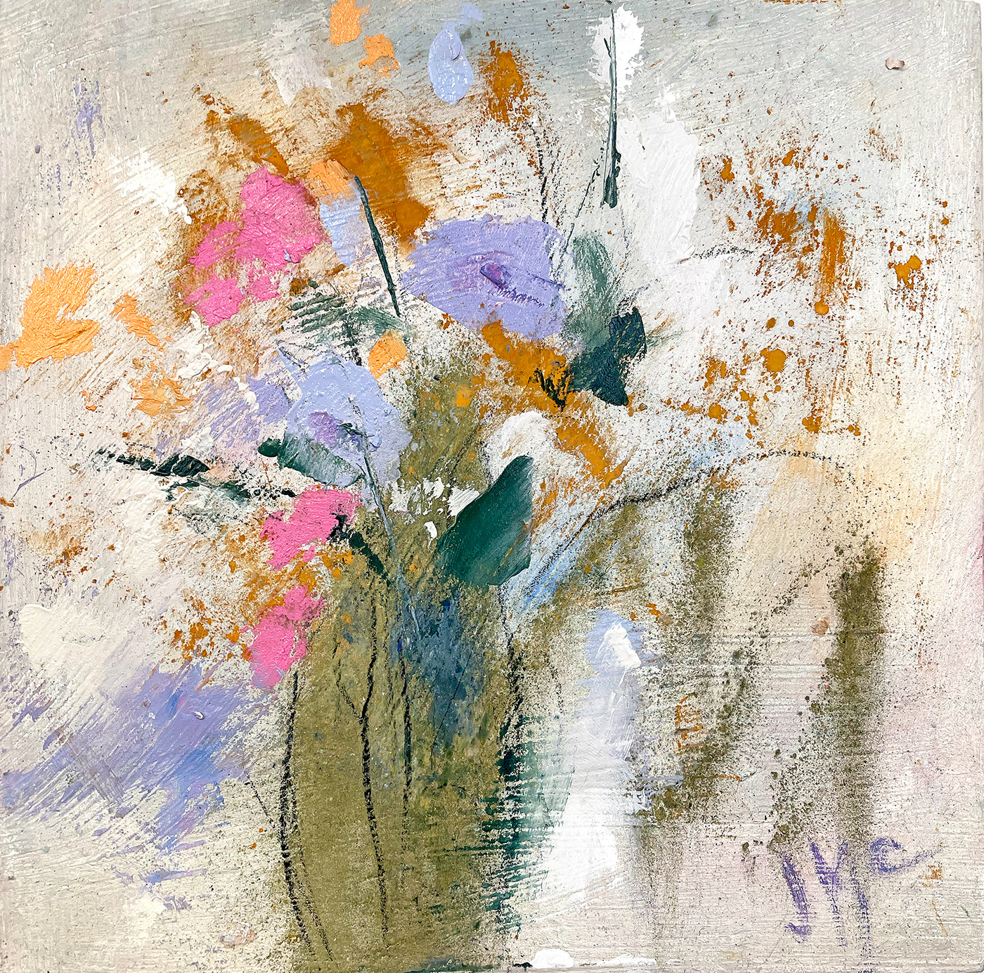 Green Vase Spring Flowers, 8" x8", oil, wood cradle