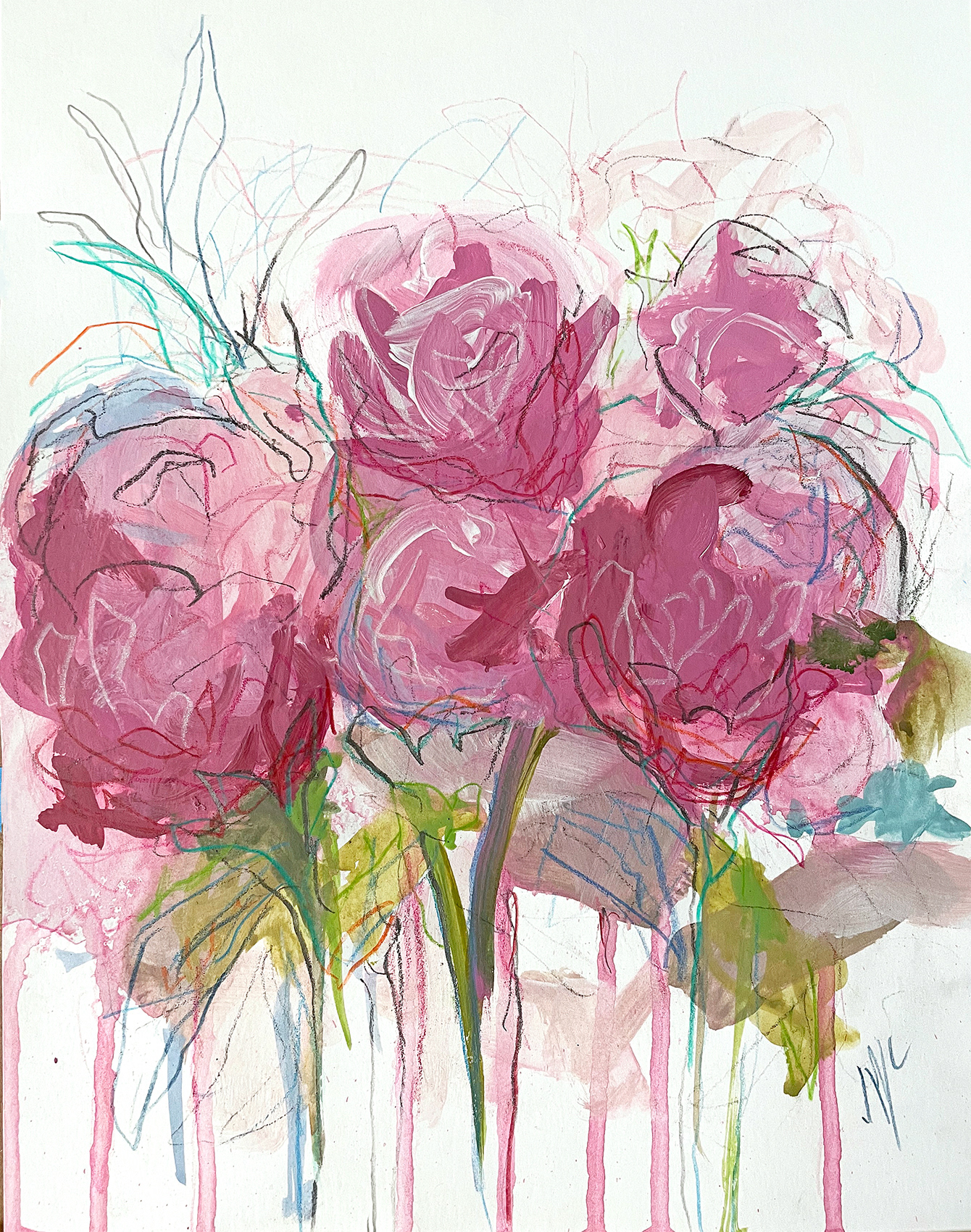 5 Rose Stems, 8" x 10", mixed media, paper