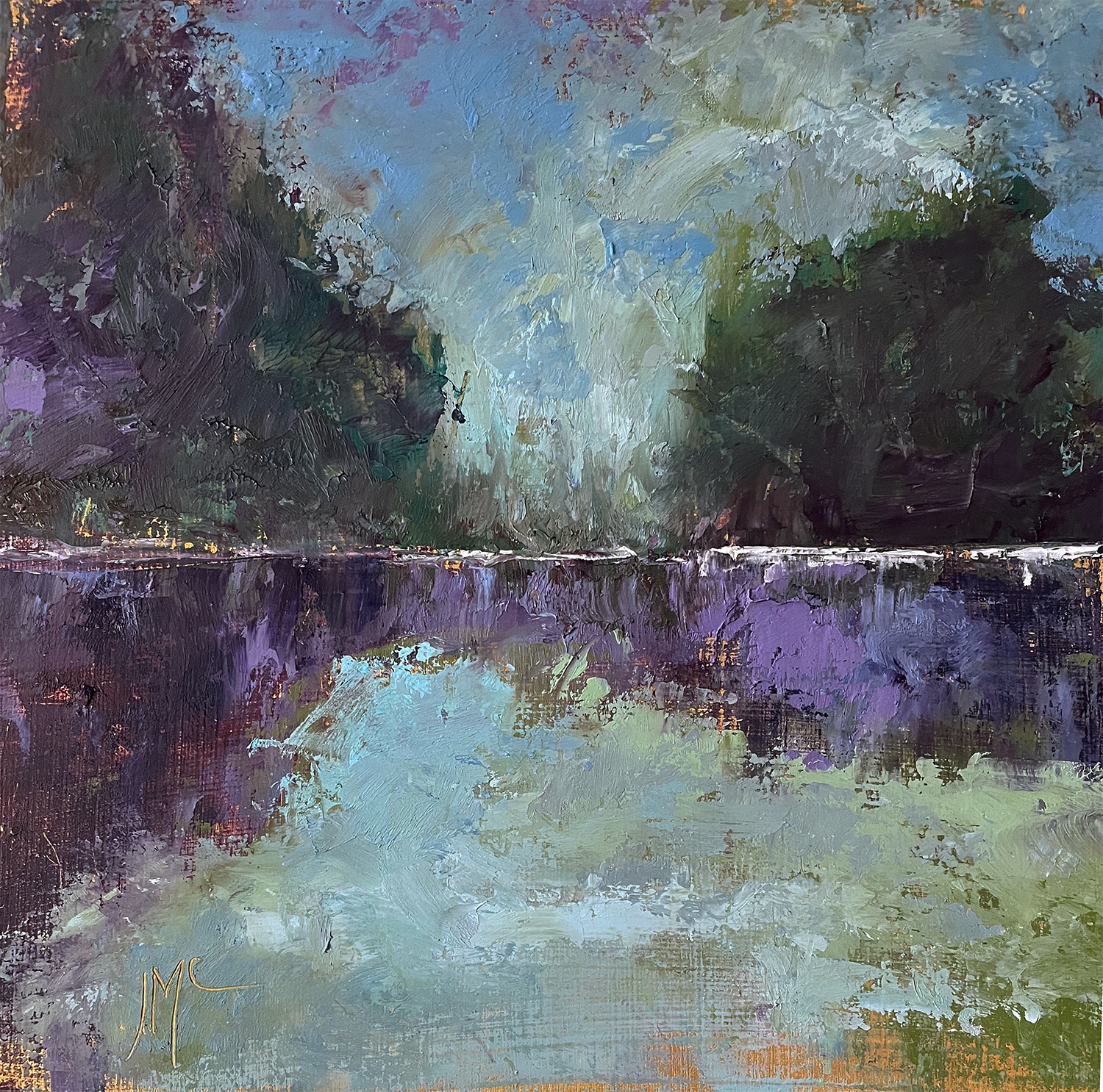 SERENITY 8” x 8”, oil & cwm, wood cradle I fill my lungs. I fill my soul. I am filled with peace. I know places where I can feel serene. A place to feel calm, untroubled, peaceful. Fresh air, clean water — a place where my lungs inflate with the onrush of serenity.