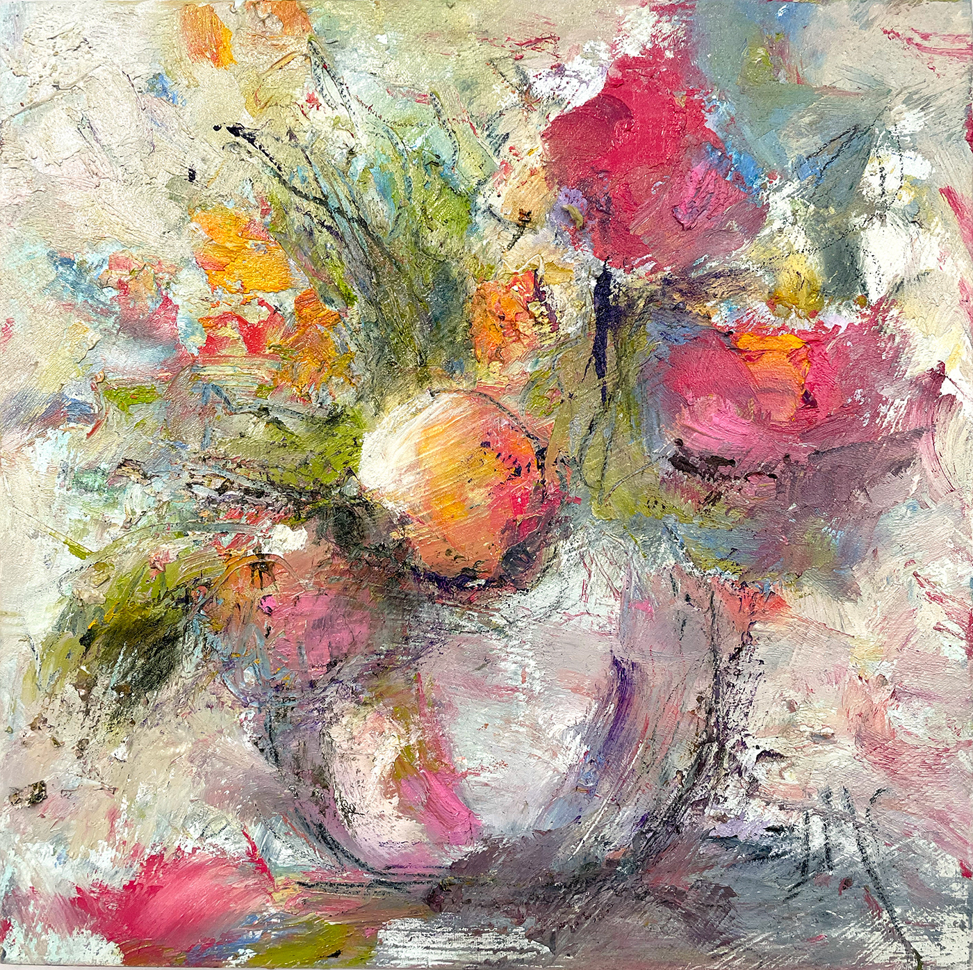 Round Vase Spring Flowers, 8" x8", oil, wood cradle