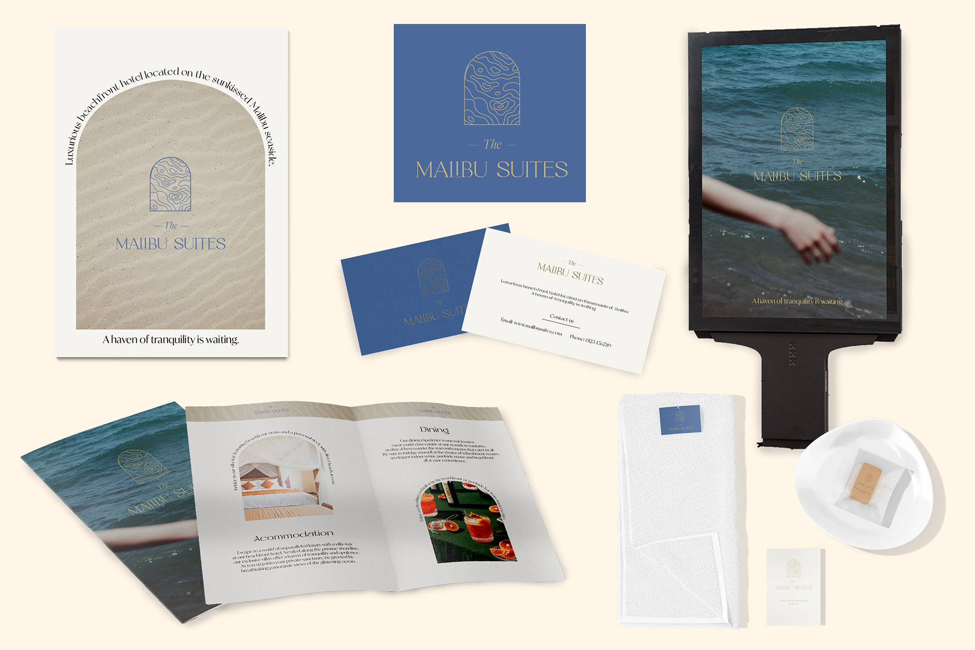 Malibu Suites branding collection: Flyers, logo, business cards, brochure, hotel toiletries
