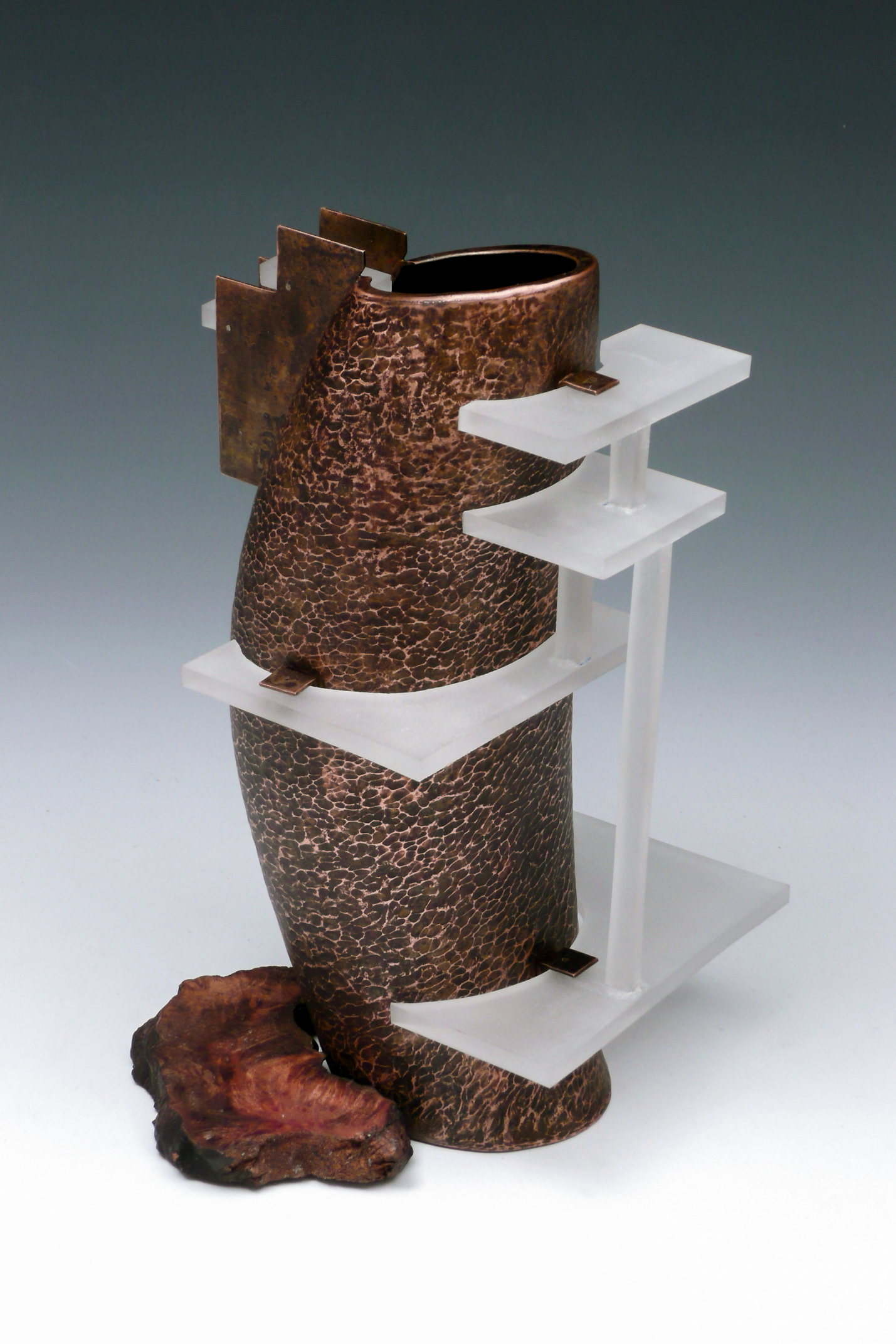 Homage Pouring Vessel to Frank Lloyd Wright | Copper, Pleiglass, Burl Wood