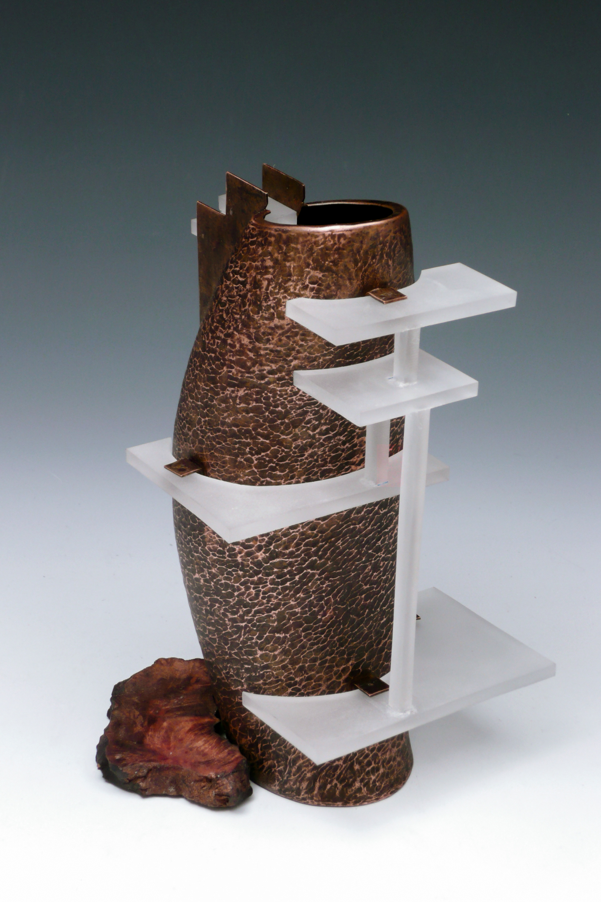Homage Pouring Vessel to Frank Lloyd Wright | Copper, Pleiglass, Burl Wood
