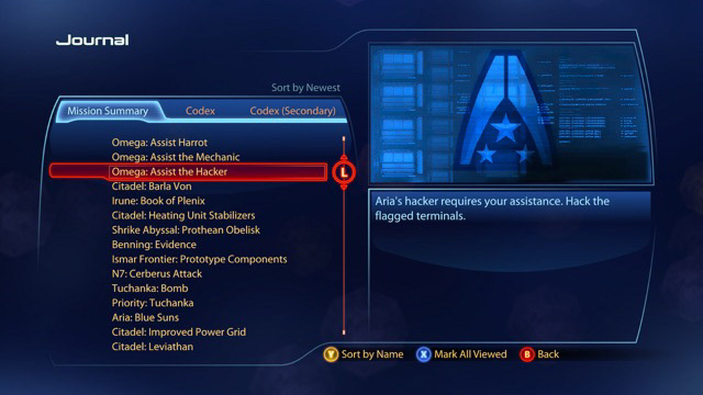 Screen displaying the main quest menu of Mass Effect 3