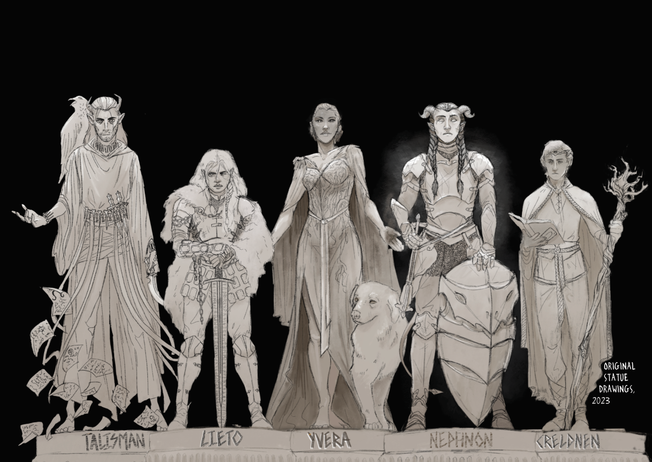 My original drawings of statues, referenced for graphic novel imagery