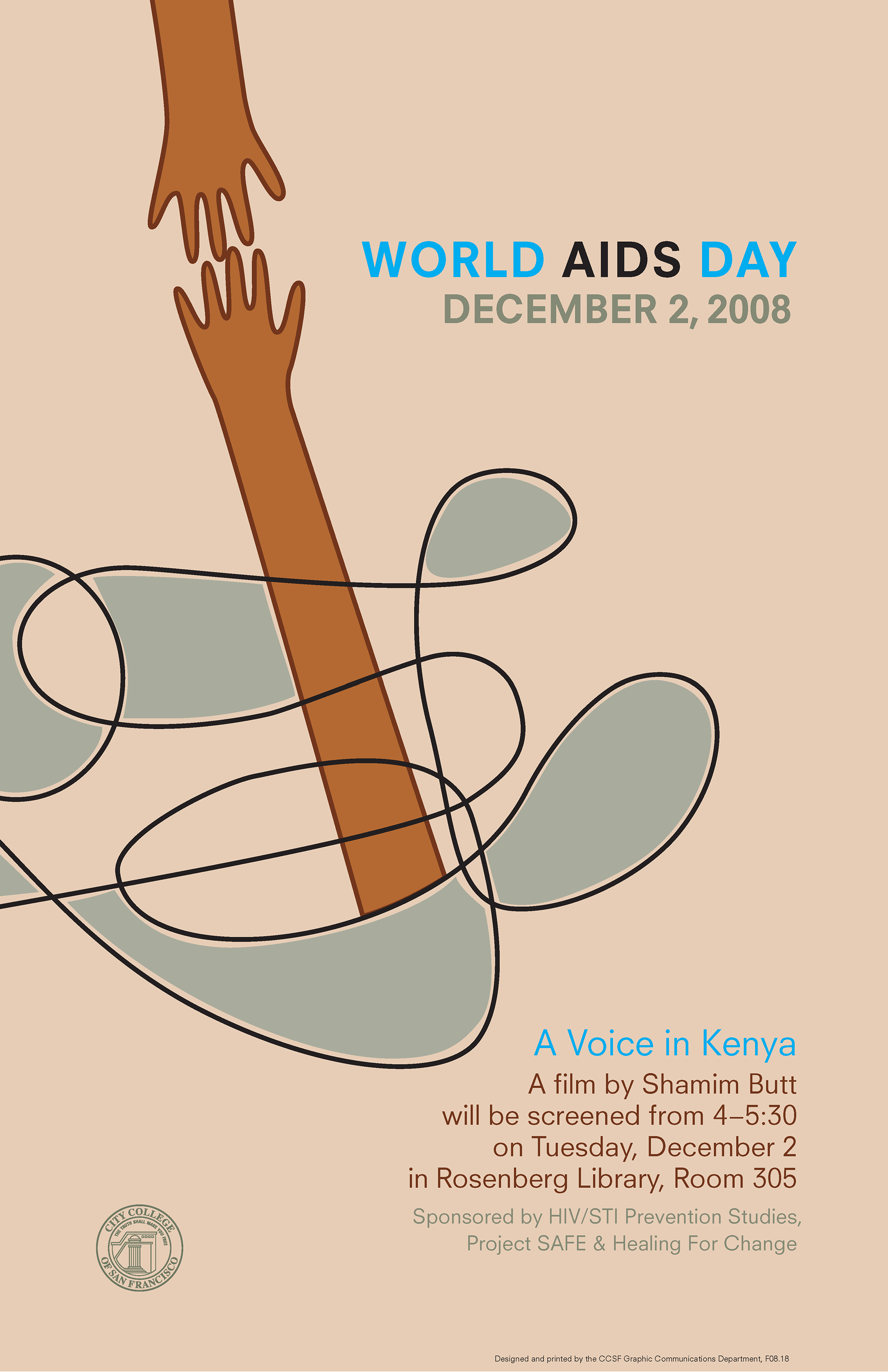World AIDS Day poster about the screening of a film called "A Voice in Kenya," with an illustration of one brown hand reaching toward another to help them out of a messy stylized squiggle.