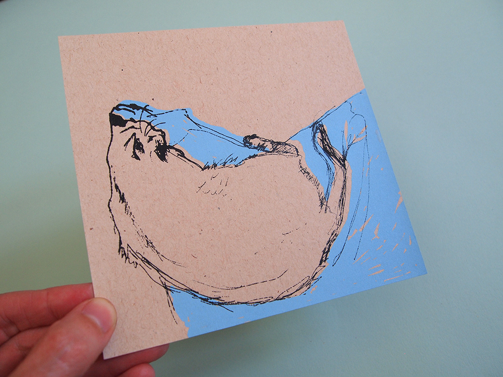 Screenprint of a drawing of Pinky Leon on my lap