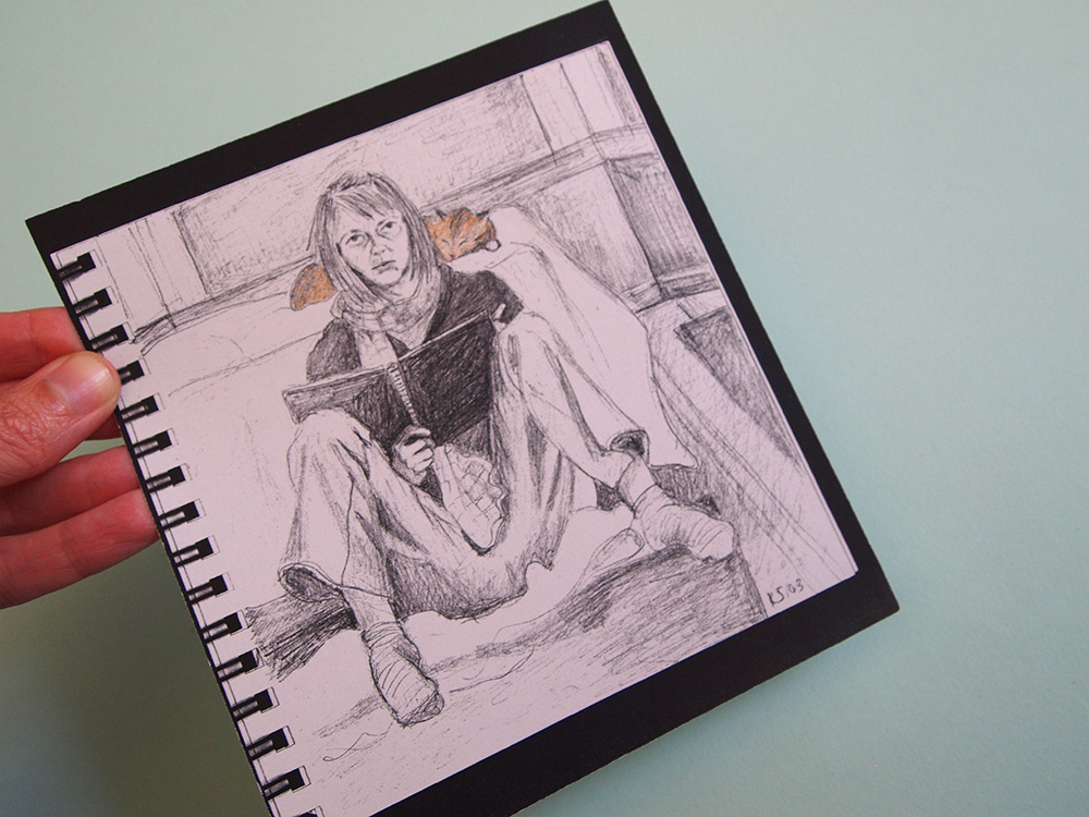 Self portrait with Pinky sleeping behind me, a drawing