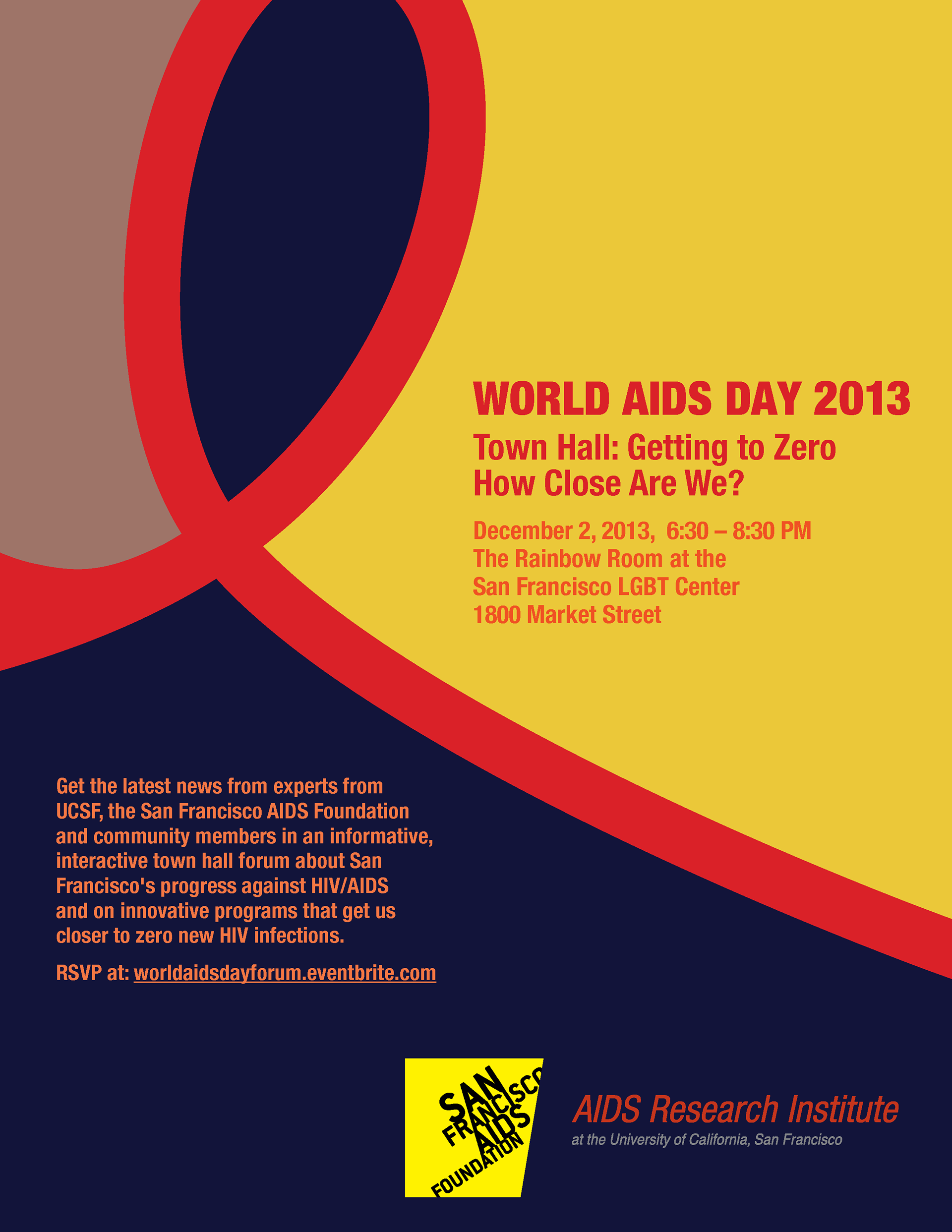 Illustrated red ribbon crossing the page, which includes event details