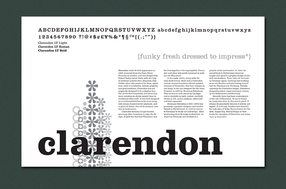 Digital file of Clarendon type specimen sheet with a description of the type and "clarendon" in large type.